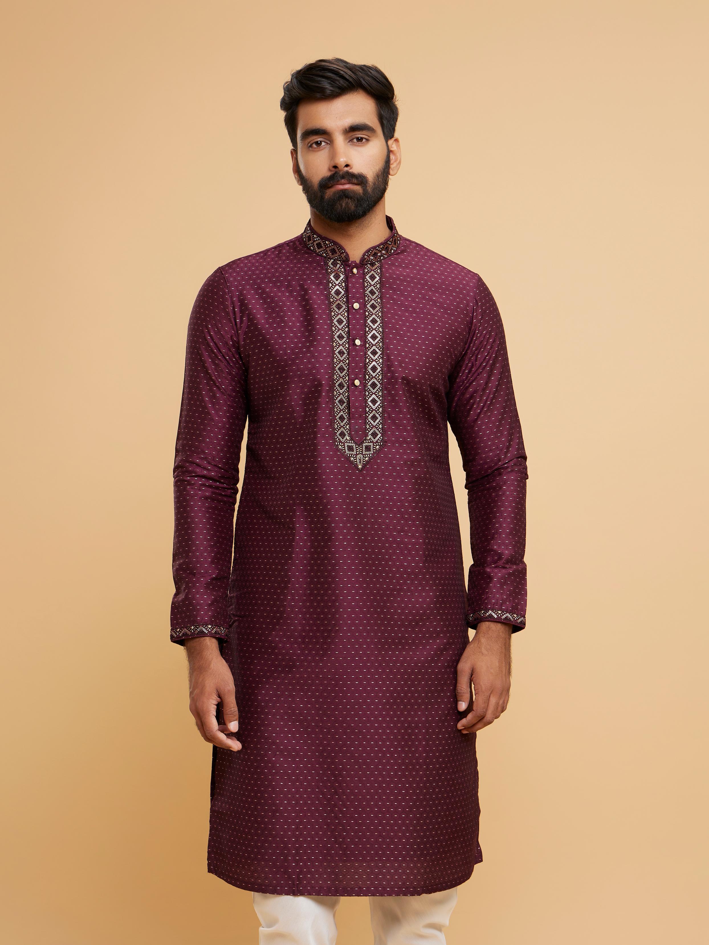 Twamev Men Glistening Wine Kurta Pajama Set