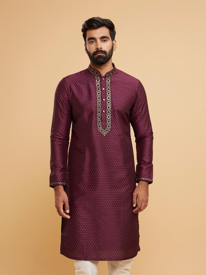 Twamev Men Glistening Wine Kurta Pajama Set