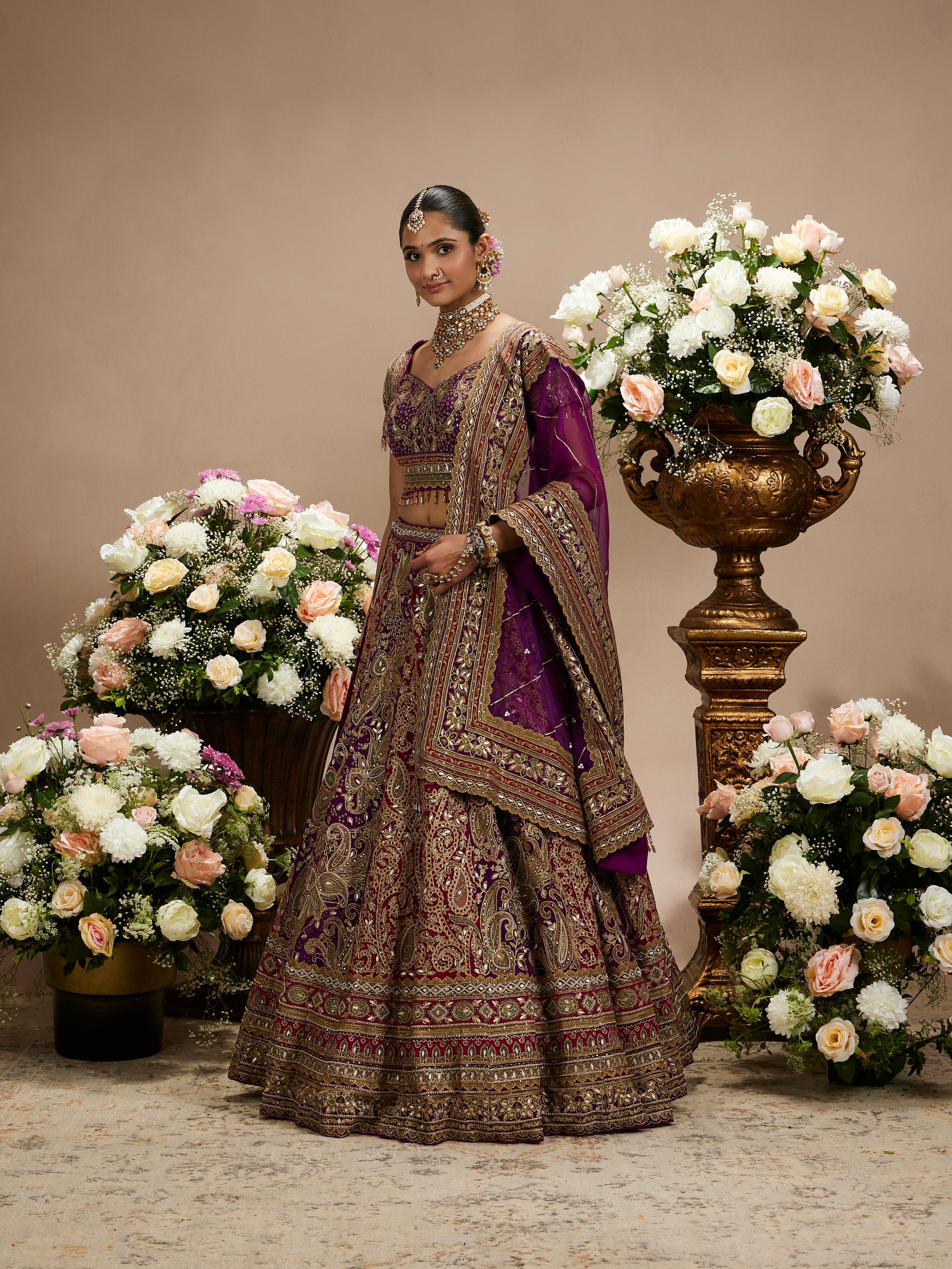 Twamev Women Royal Purple And Cherry Red Embroidered Lehenga with Paisley