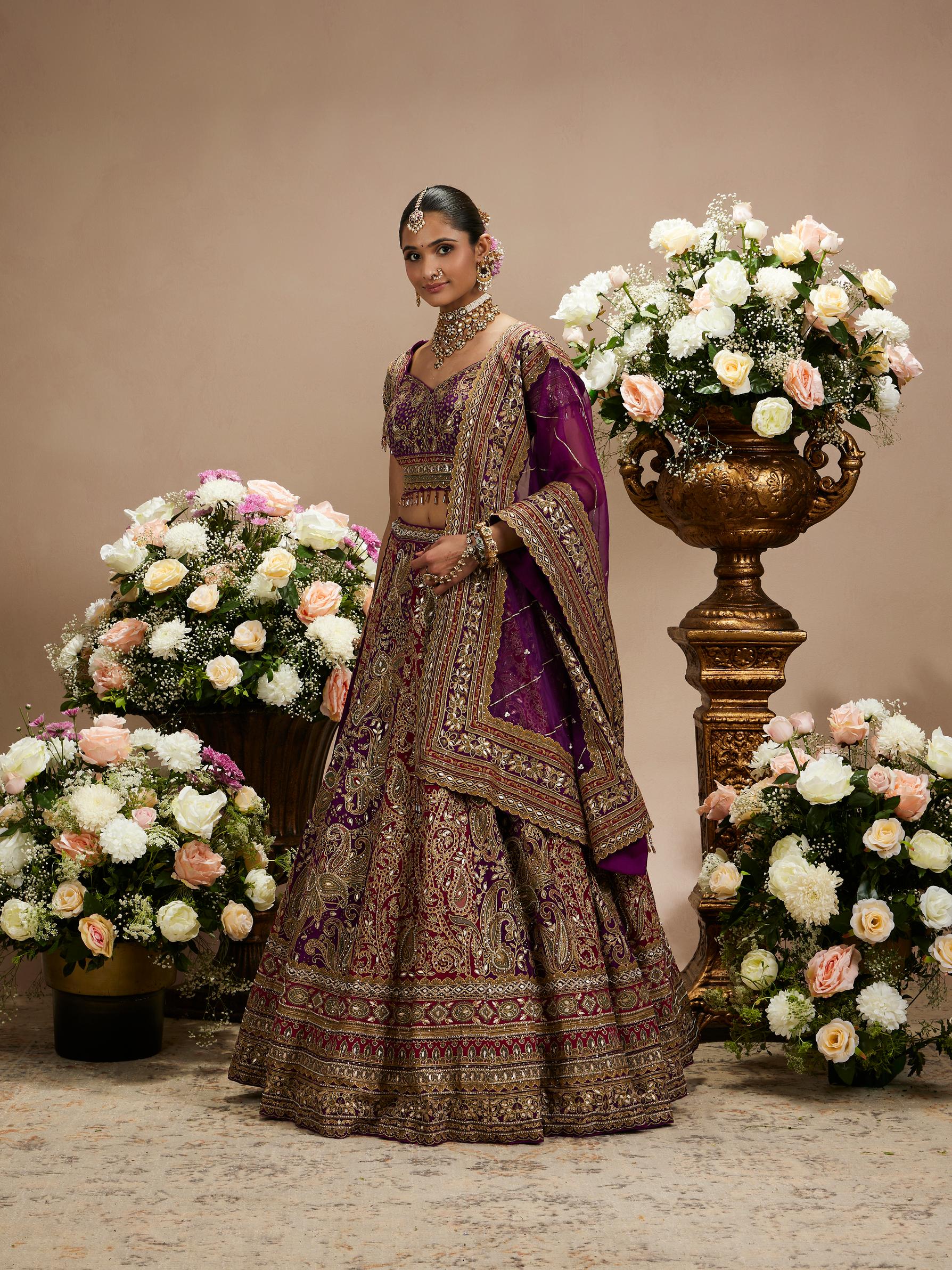 Twamev Women Royal Purple And Cherry Red Embroidered Lehenga with Paisley