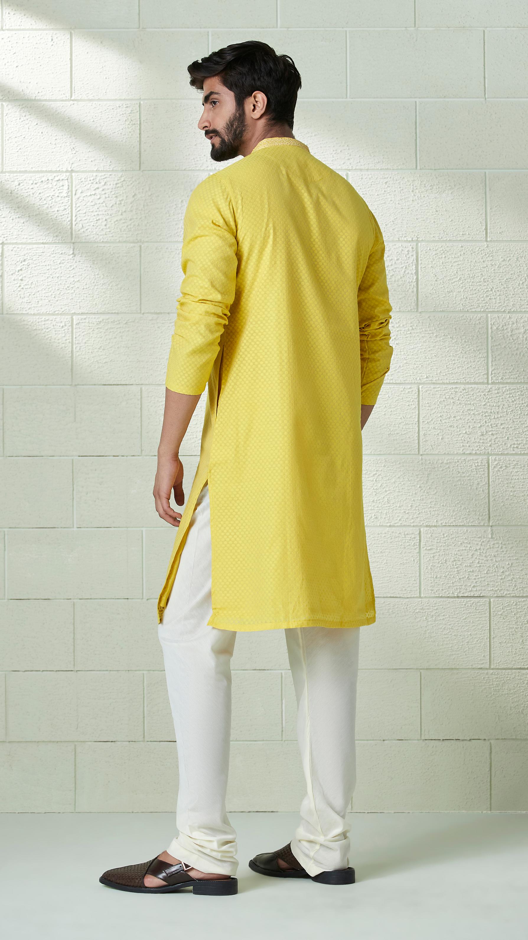 Twamev Men Canary Yellow Self Patterned Kurta Set