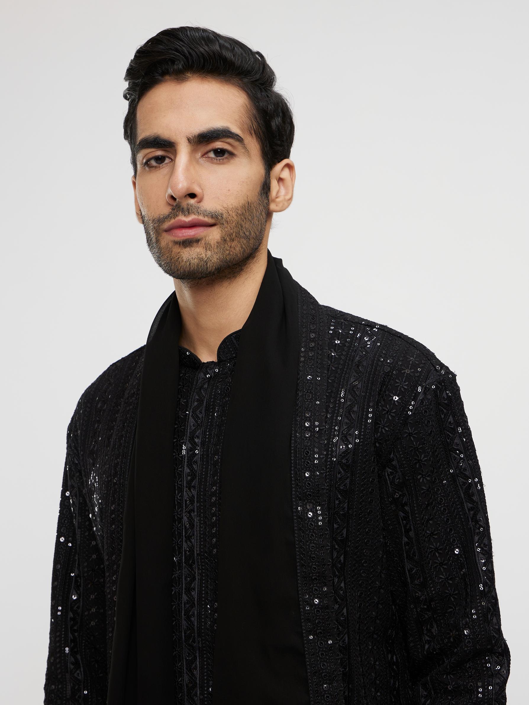 Twamev Men Black Georgette Elegance Kurta Set with Dupatta