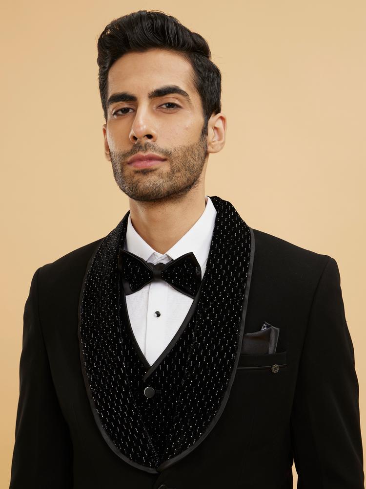 Twamev Men Midnight Blue Embellished Tuxedo Suit Set