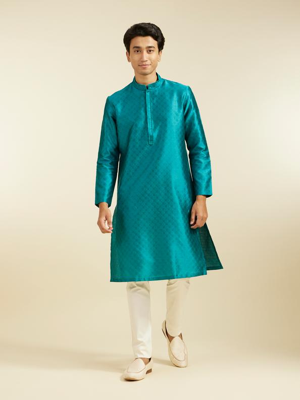 Diwas Men Teal Green Lattice Patterned Kurta
