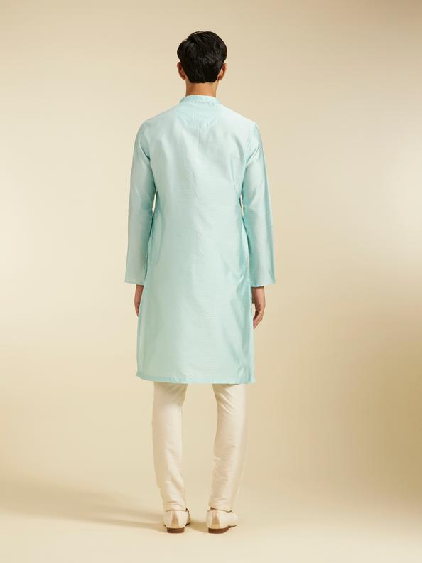 Diwas Men Aqua Green Subtle Self Patterned Kurta with Embroidered Placket