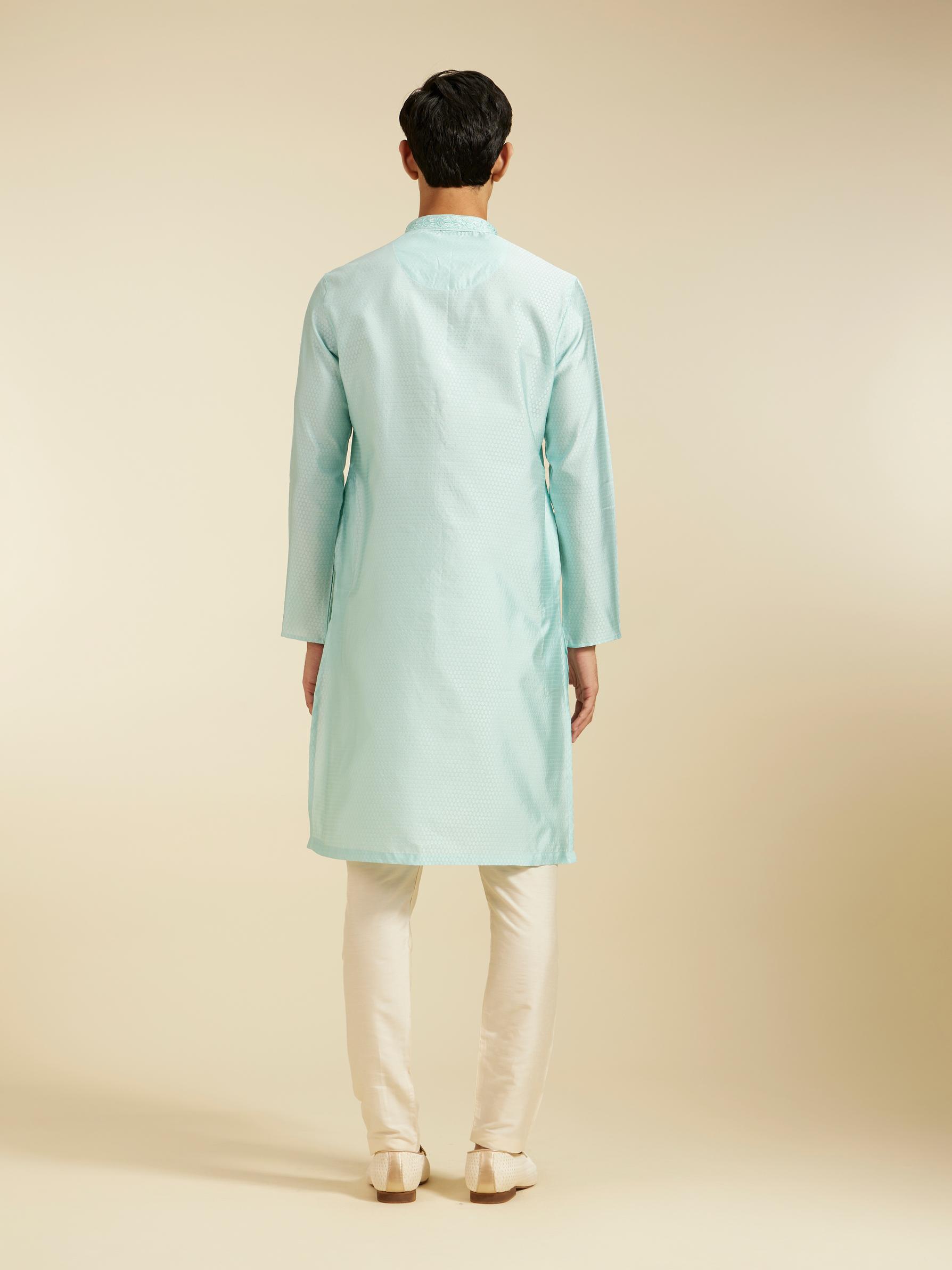 Diwas Men Aqua Green Subtle Self Patterned Kurta with Embroidered Placket