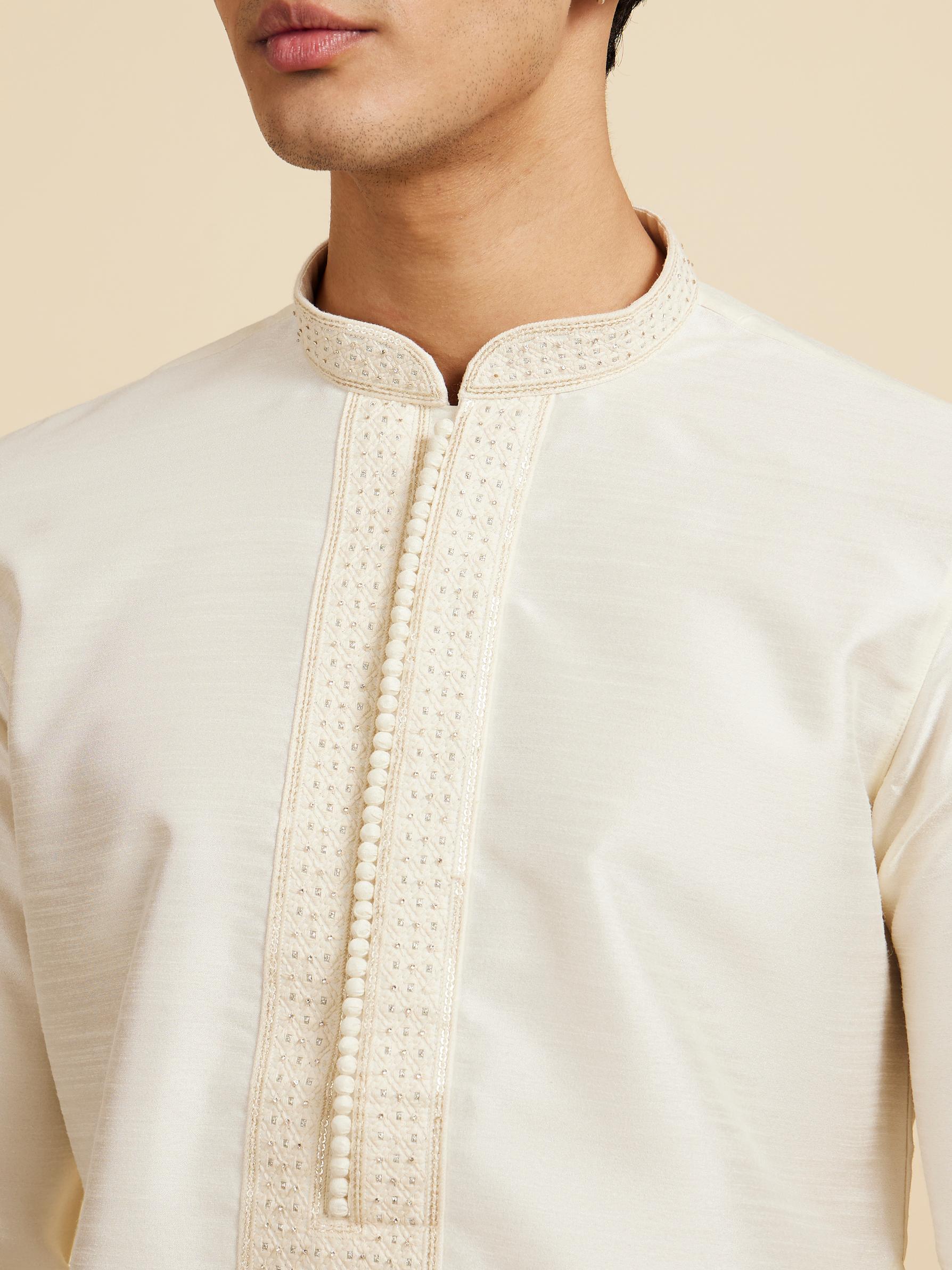 Diwas Men Cream White Plain Kurta with Rhinestone Embellished Neckline