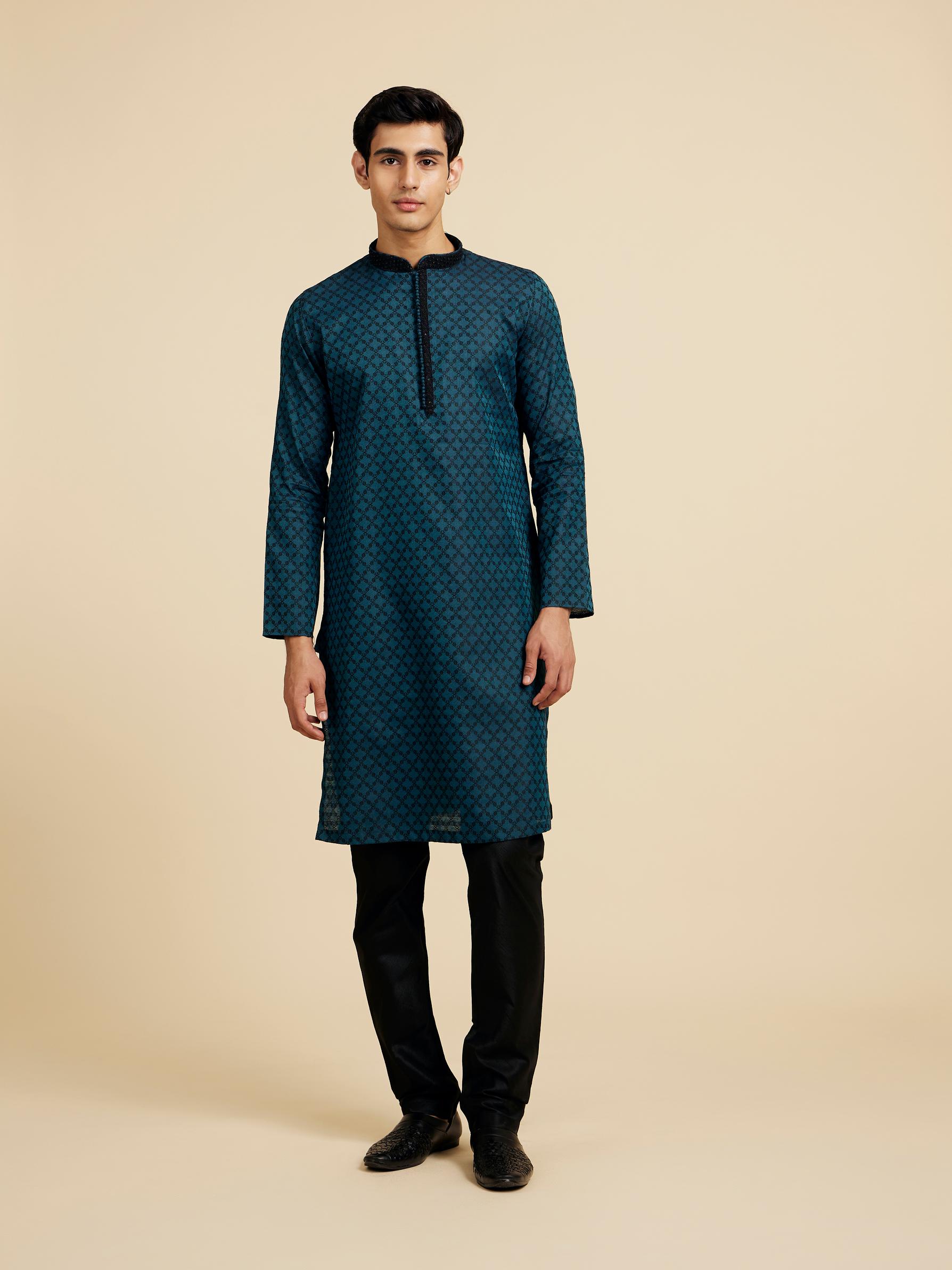 Diwas Men Teal Green Grid Patterned Kurta