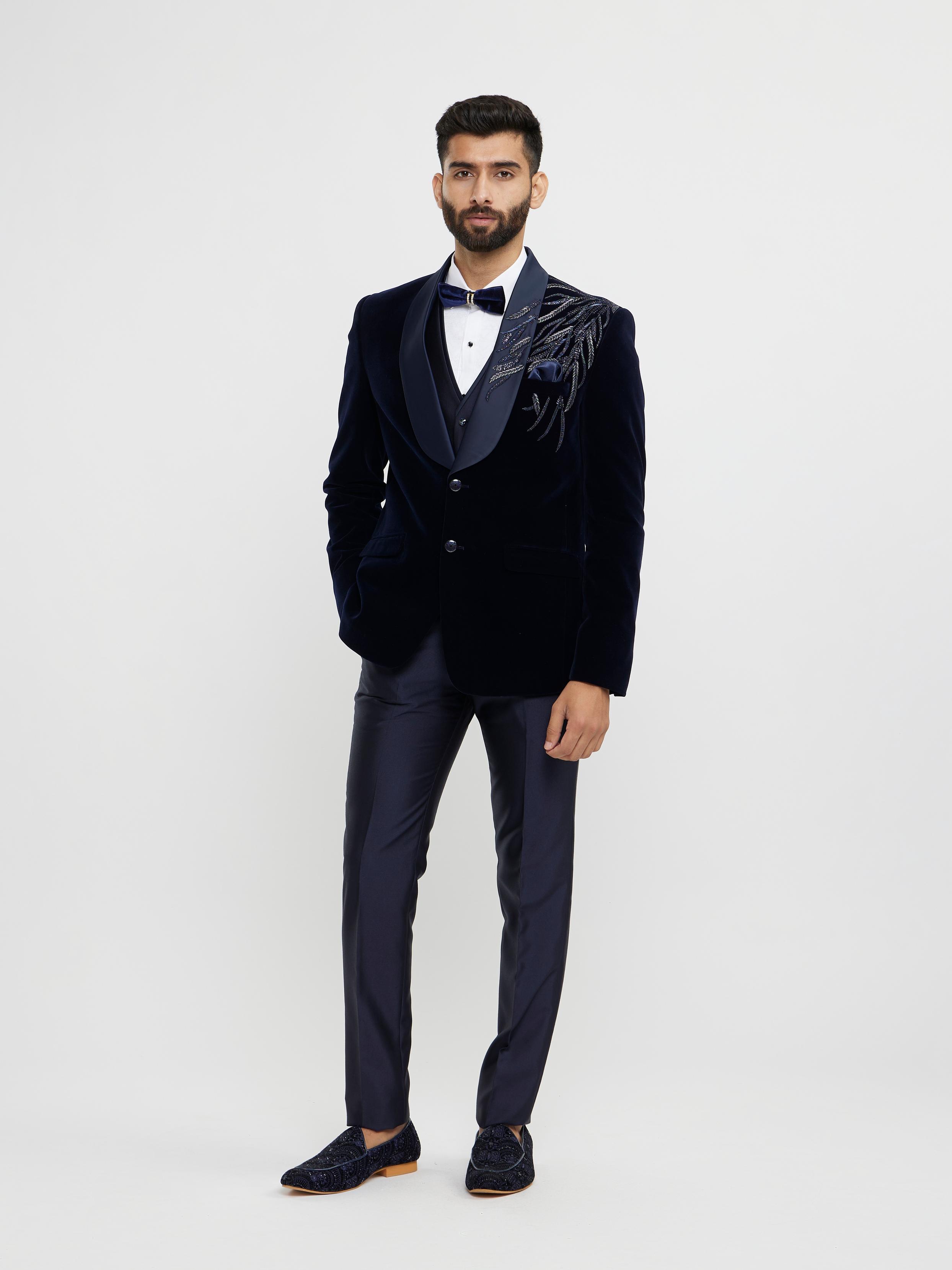 Twamev Men Dark Blue Velvet Suave Suit Set