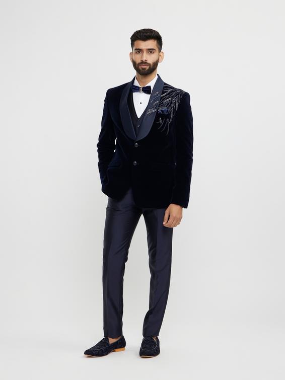 Twamev Men Dark Blue Velvet Suave Suit Set