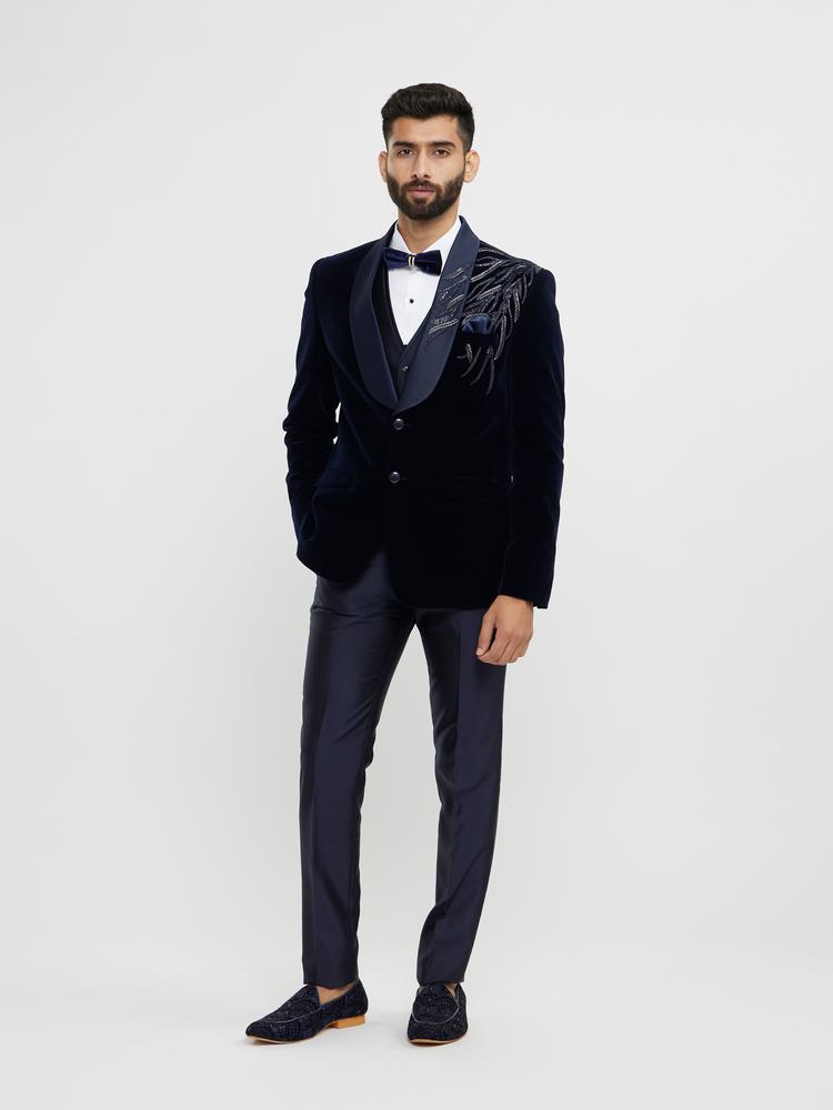 Twamev Men Dark Blue Velvet Suave Suit Set