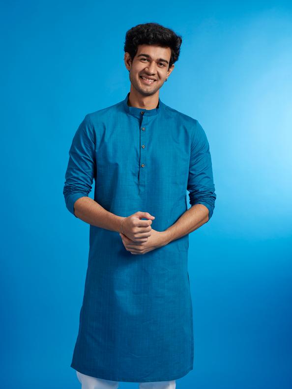 Diwas Men Teal Blue Linear Self Striped Kurta
