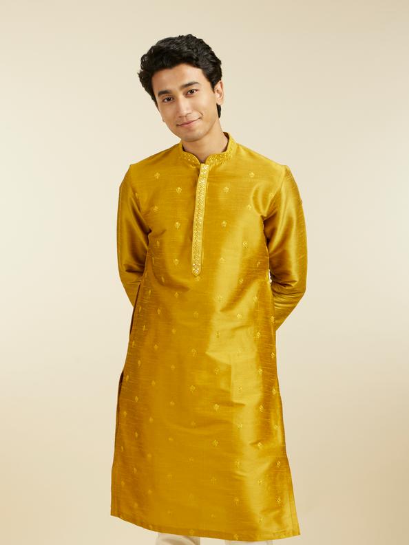 Diwas Men Mustard Yellow Buta Embroidered Kurta with Mirror Work