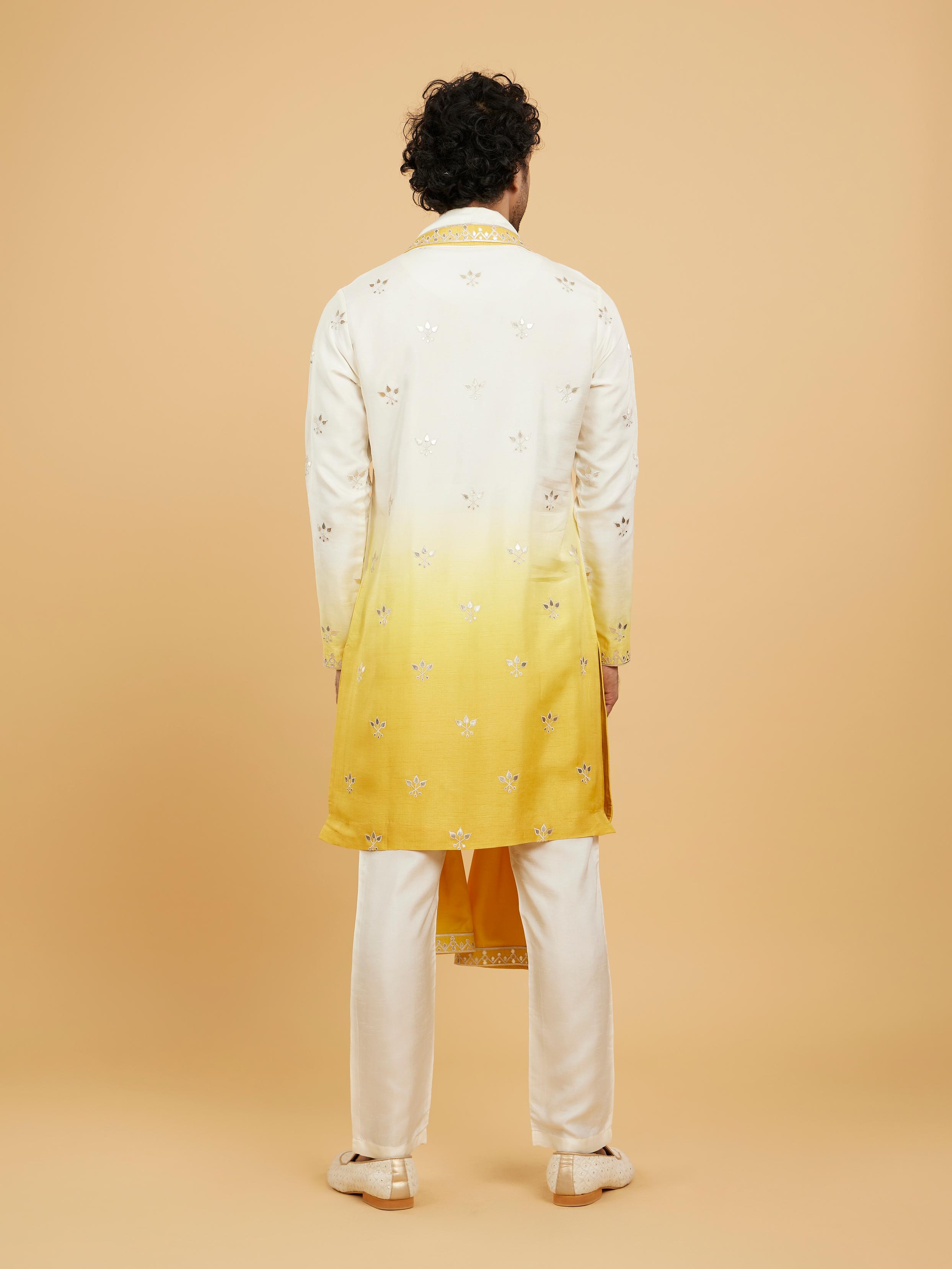 Twamev Men Twirling Mustard and Cream Kurta Set with Dupatta