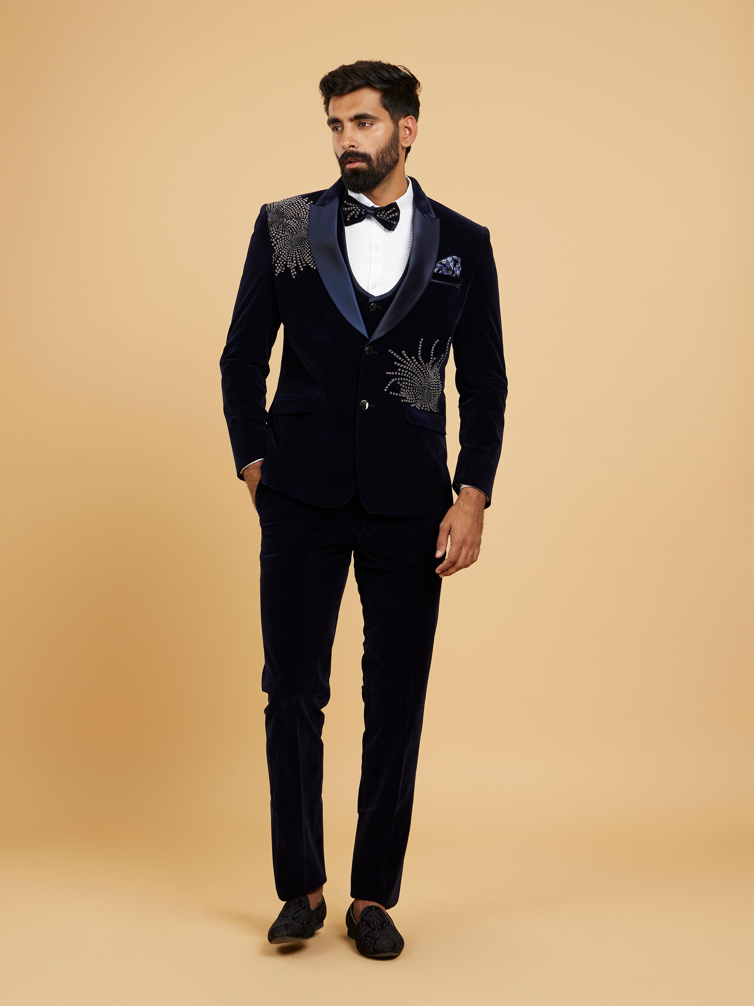 Twamev Men Midnight Blue Embellished Suit Set with Notched Collar