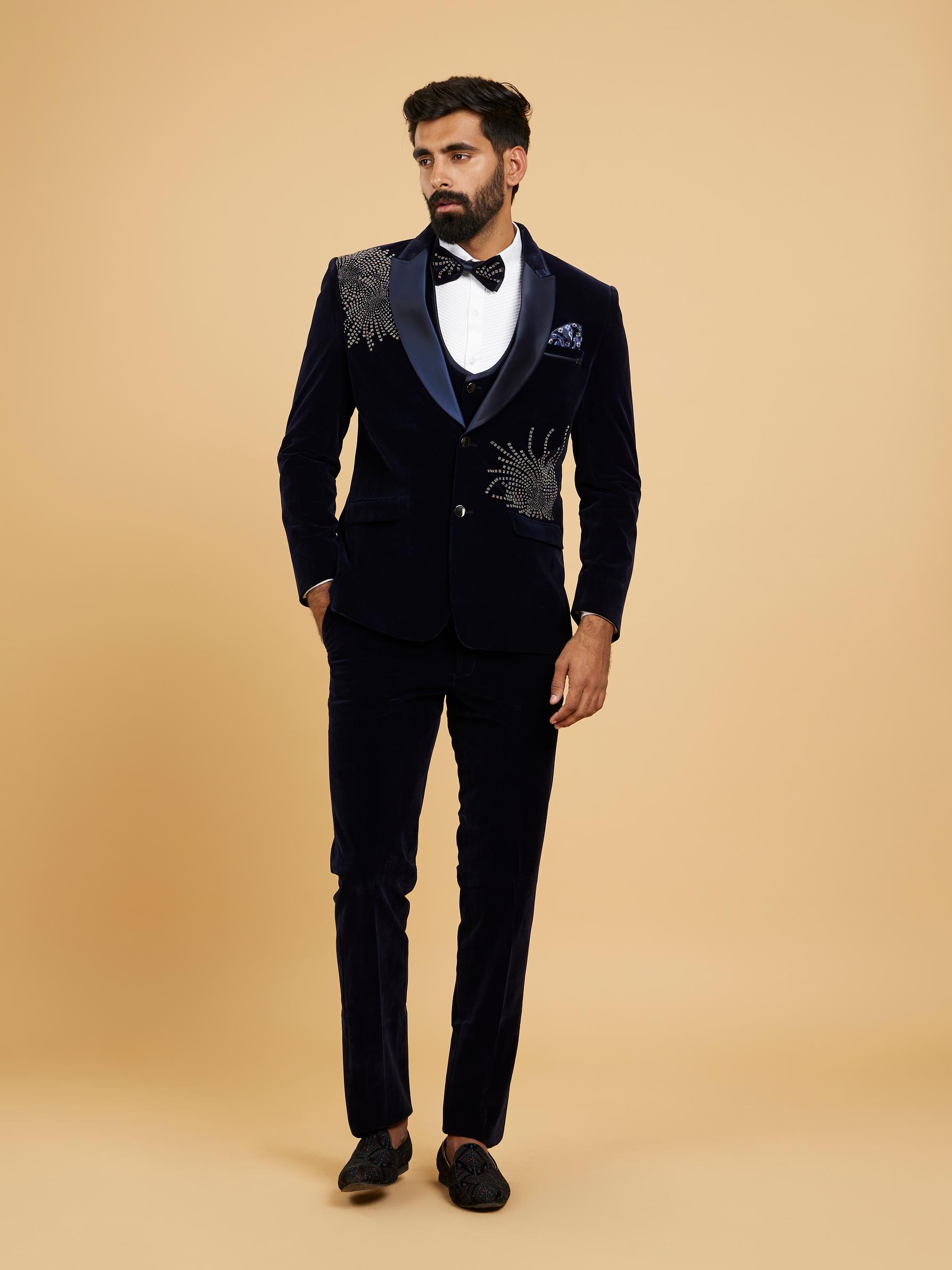 Twamev Men Midnight Blue Embellished Suit Set with Notched Collar