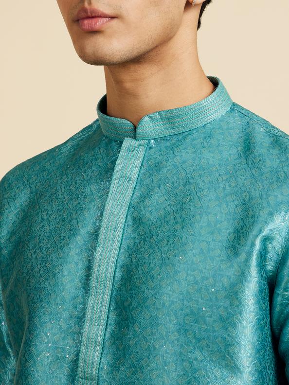 Diwas Men Aqua Green Jaal Patterned Kurta with Striped Neckline