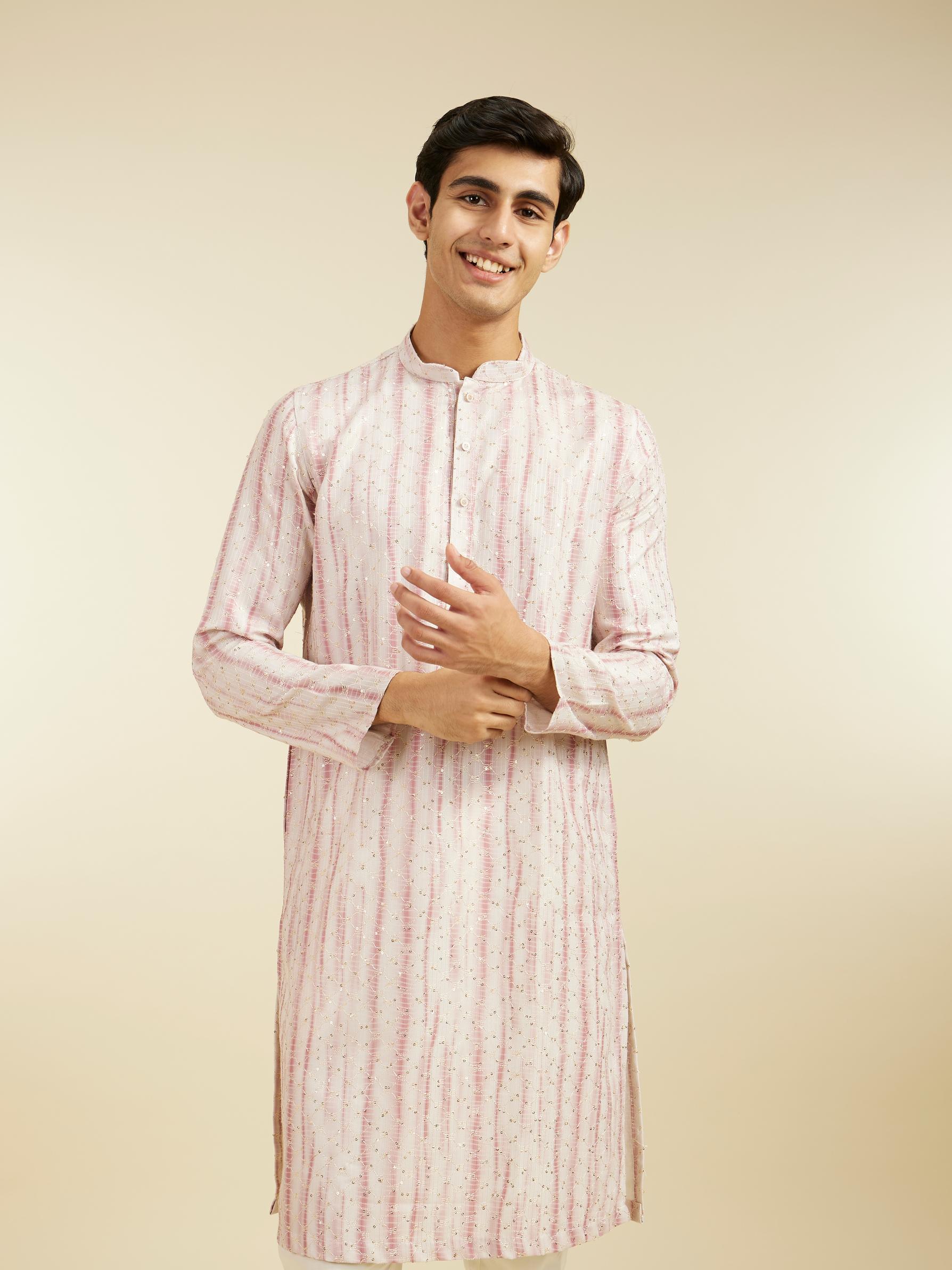Diwas Men Dusty Pink Tie Dye Striped Printed Kurta with Sequin Work