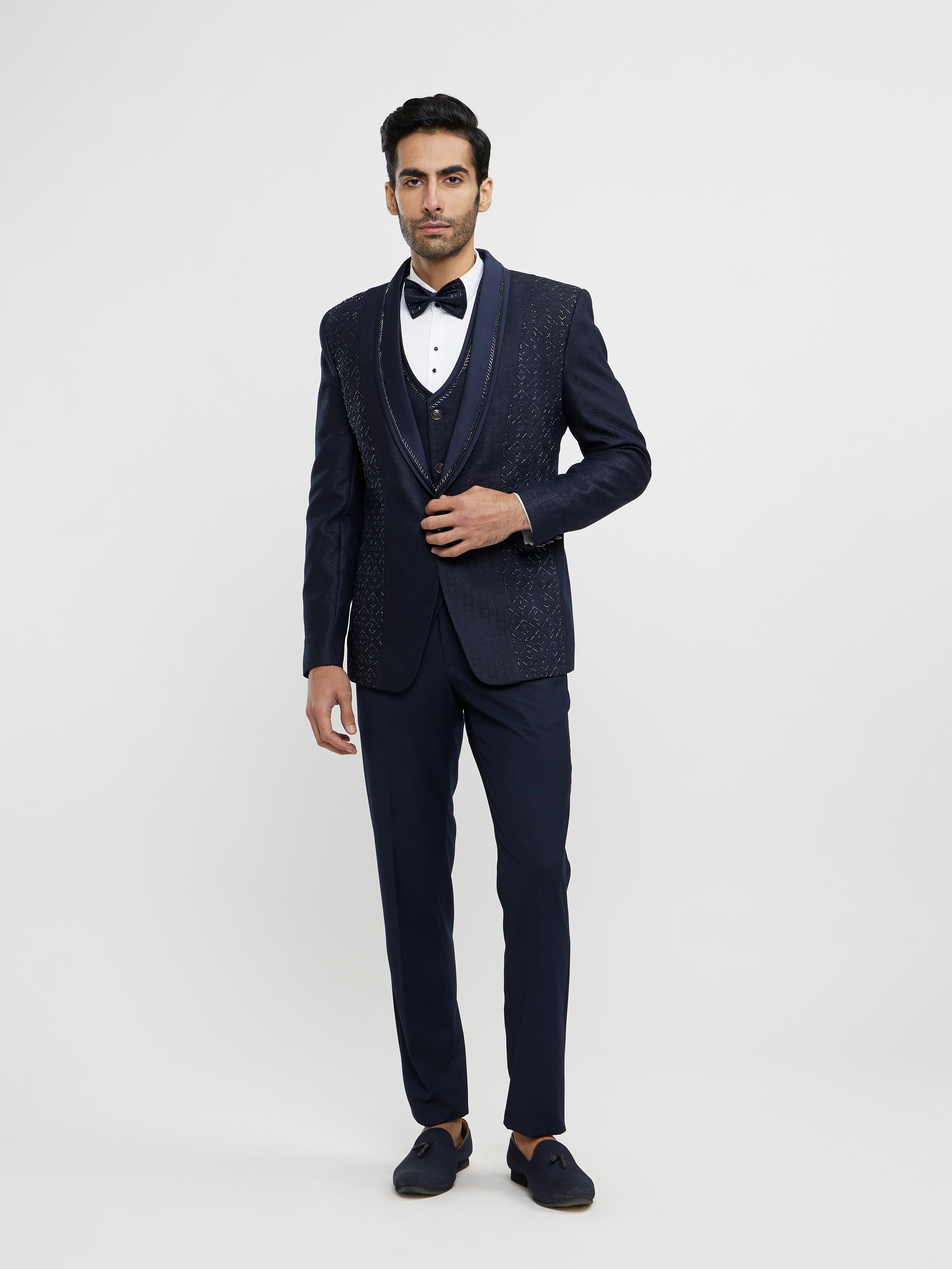 Twamev Men Midnight Blue Jaal Patterned Suit Set with Sequin Work