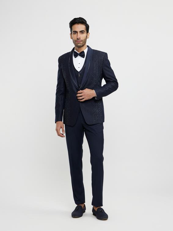 Twamev Men Midnight Blue Jaal Patterned Suit Set with Sequin Work