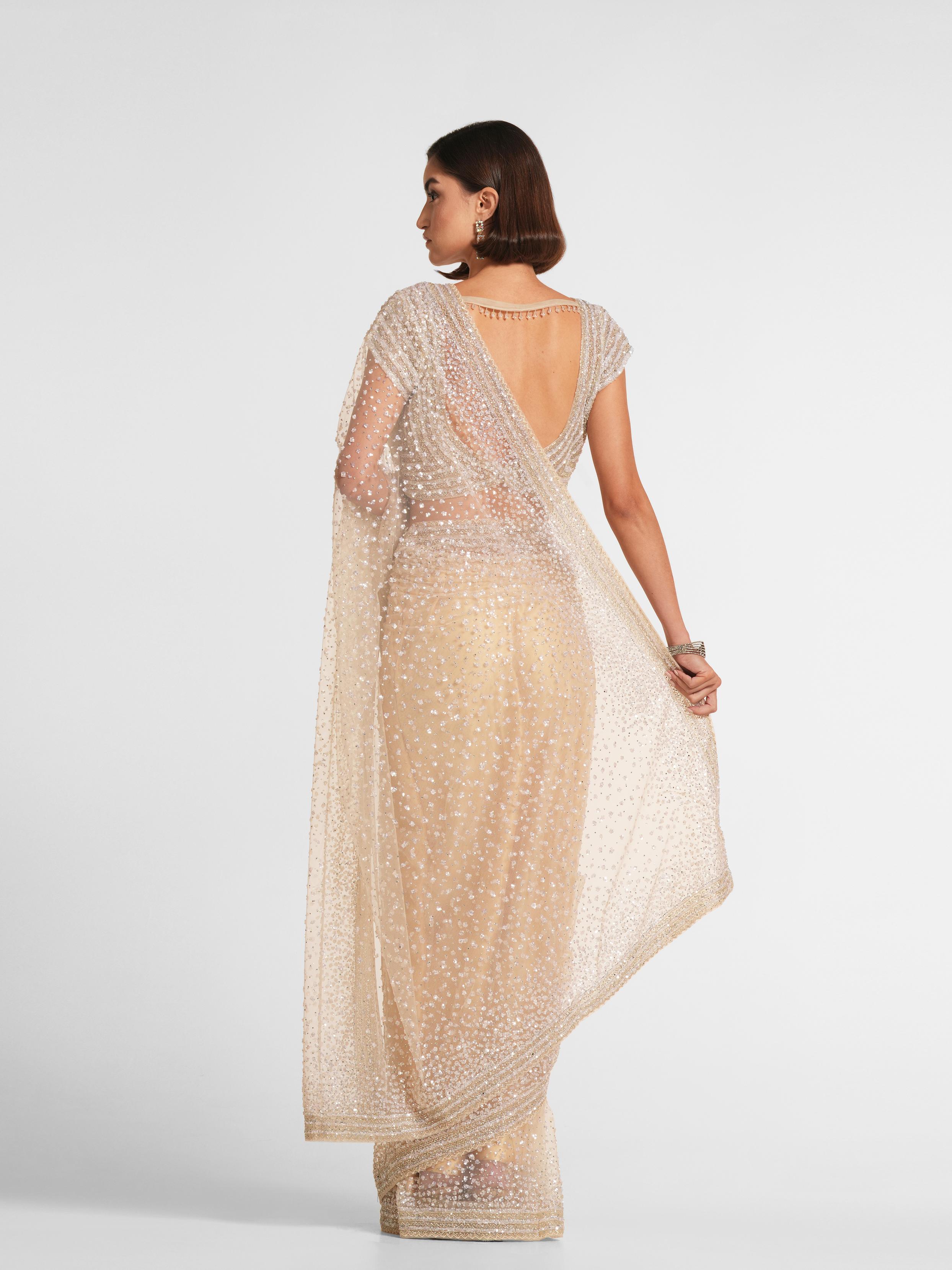 Twamev Women Cream Radiance Net Saree
