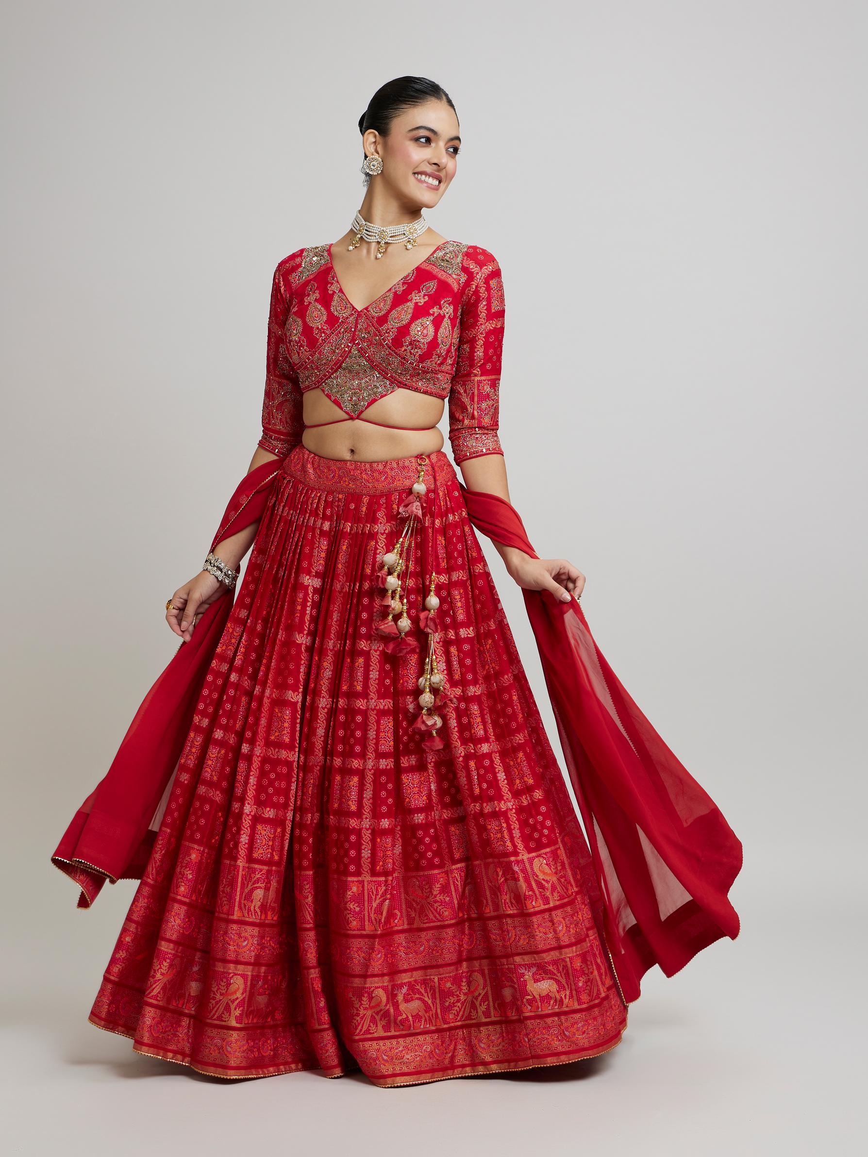Twamev Women Scintillating Red Chinon Lehenga