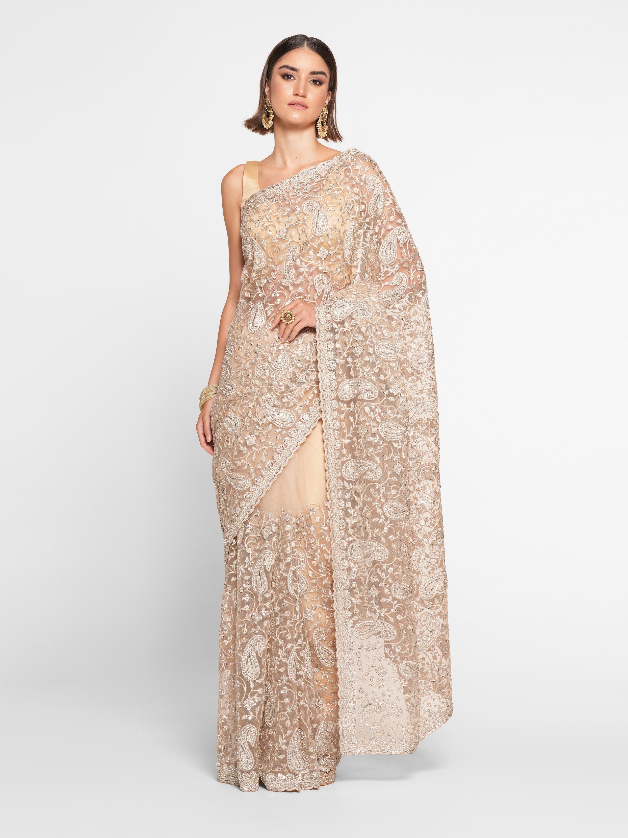 Twamev Women Twinkling Sequins Beige Saree