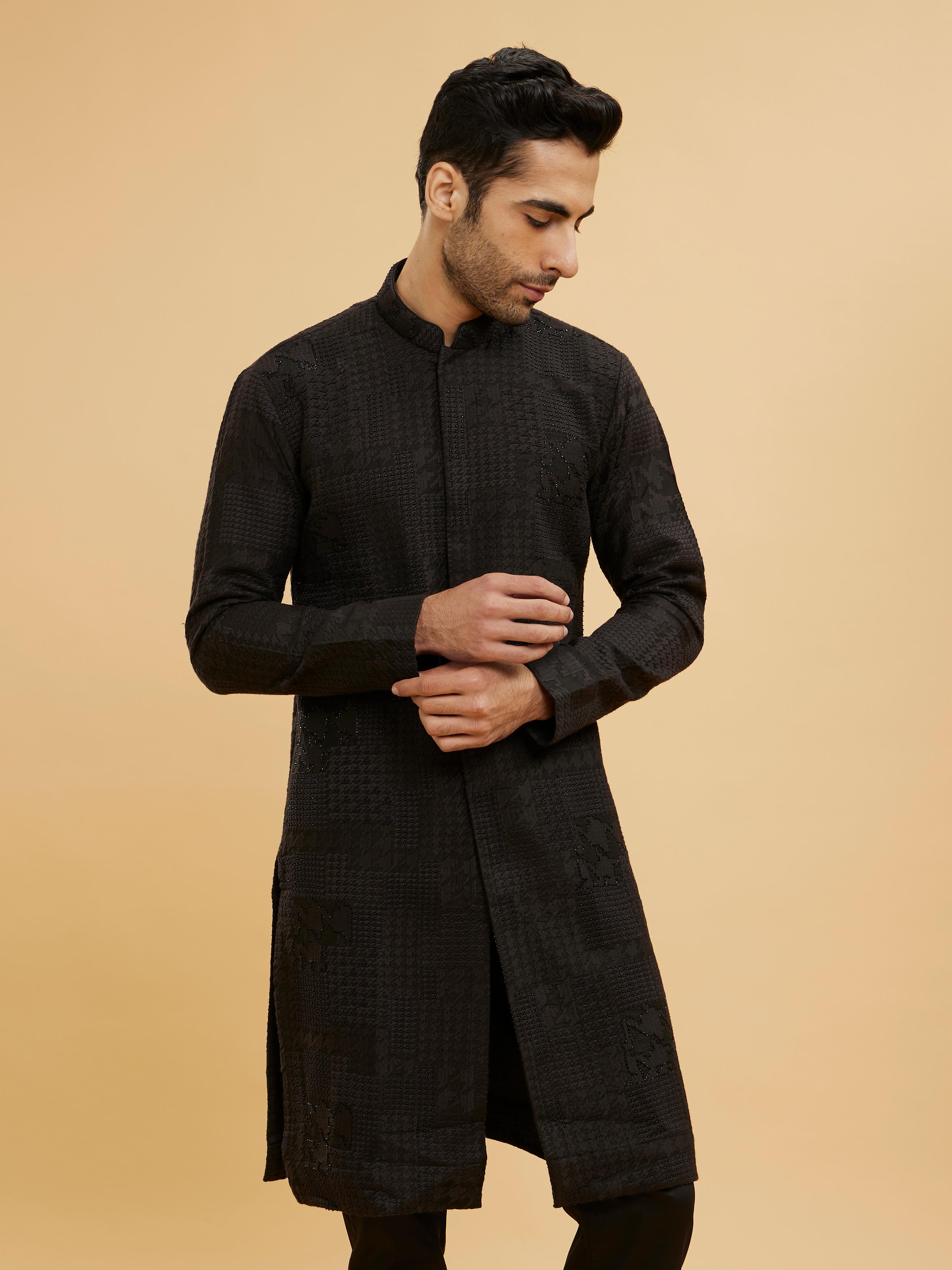 Twamev Men Charcoal Black Self Patterned Kurta Set with Shimmery Highlights