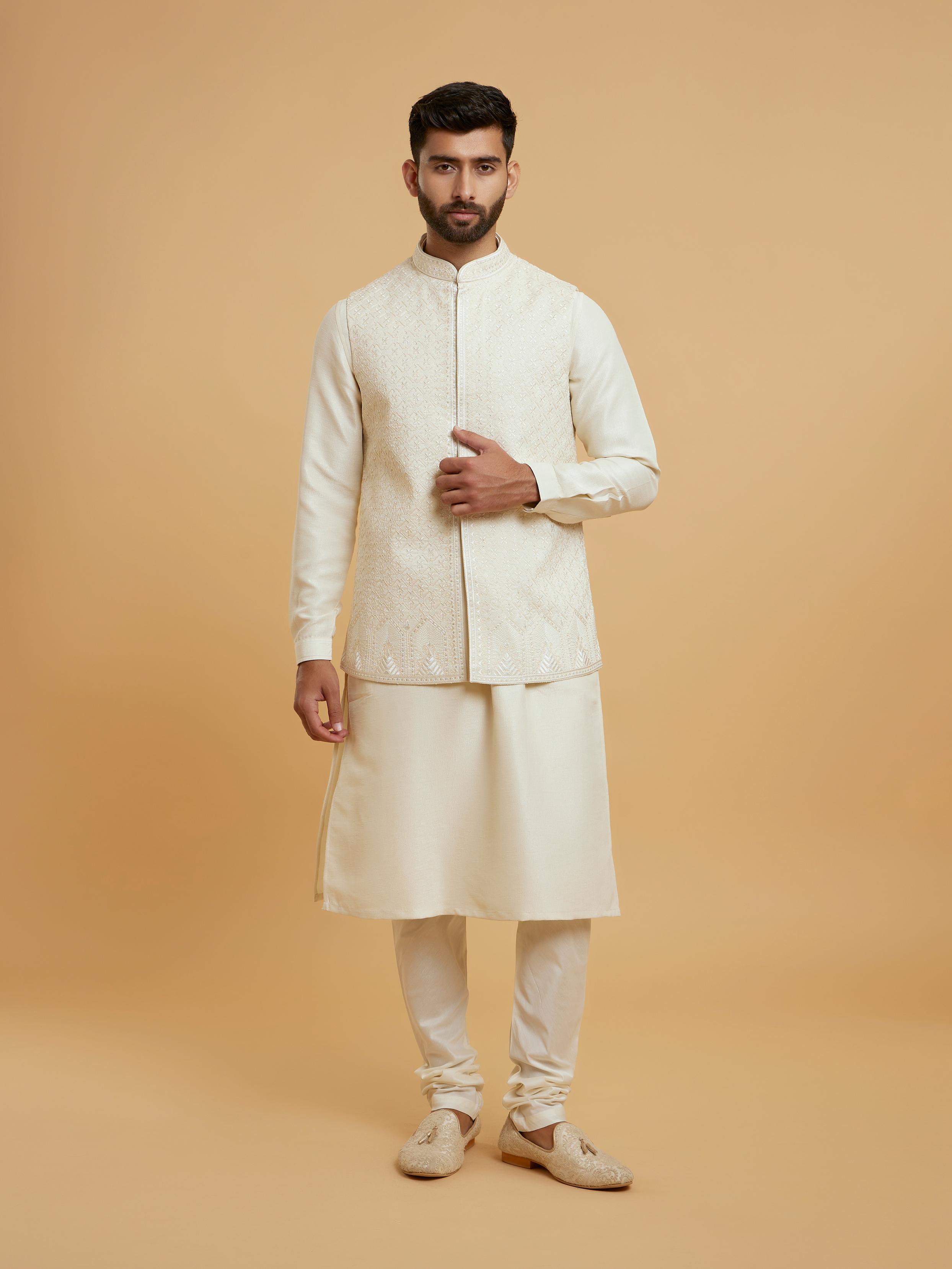 Twamev Men Cream Elegant Kurta Jacket Set