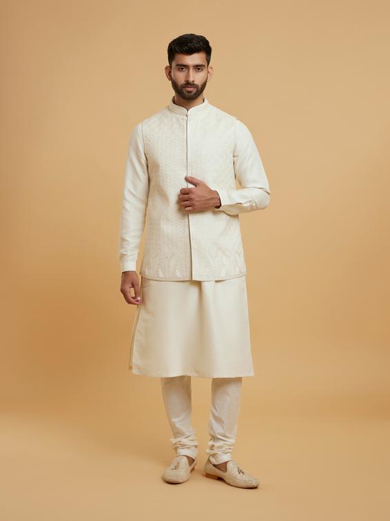 Twamev Men Cream Elegant Kurta Jacket Set