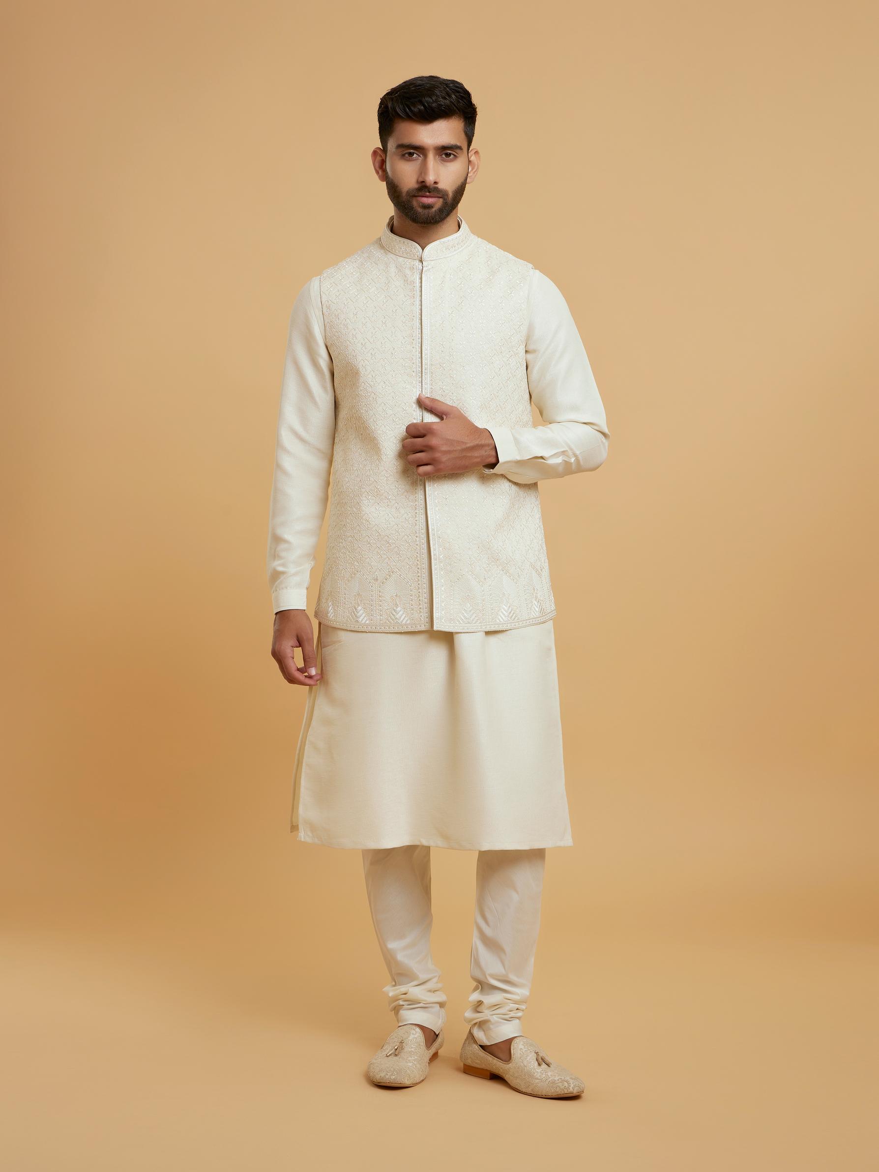 Twamev Men Cream Elegant Kurta Jacket Set