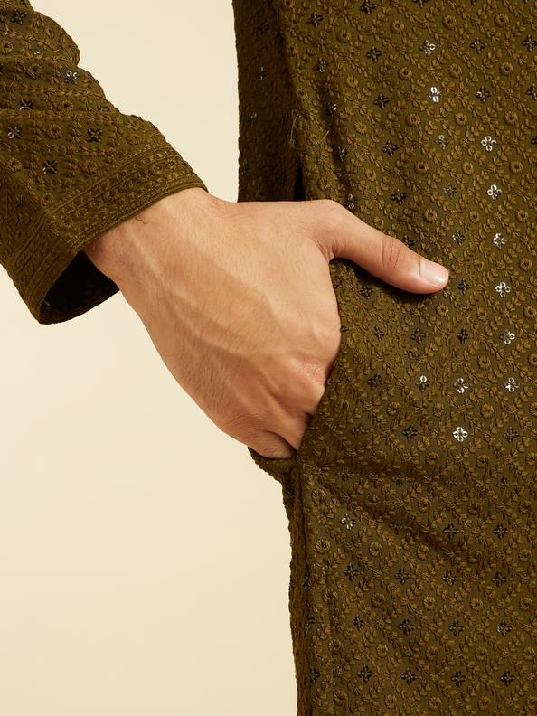 Diwas Men Olive Green Chikankari Kurta with Sequin