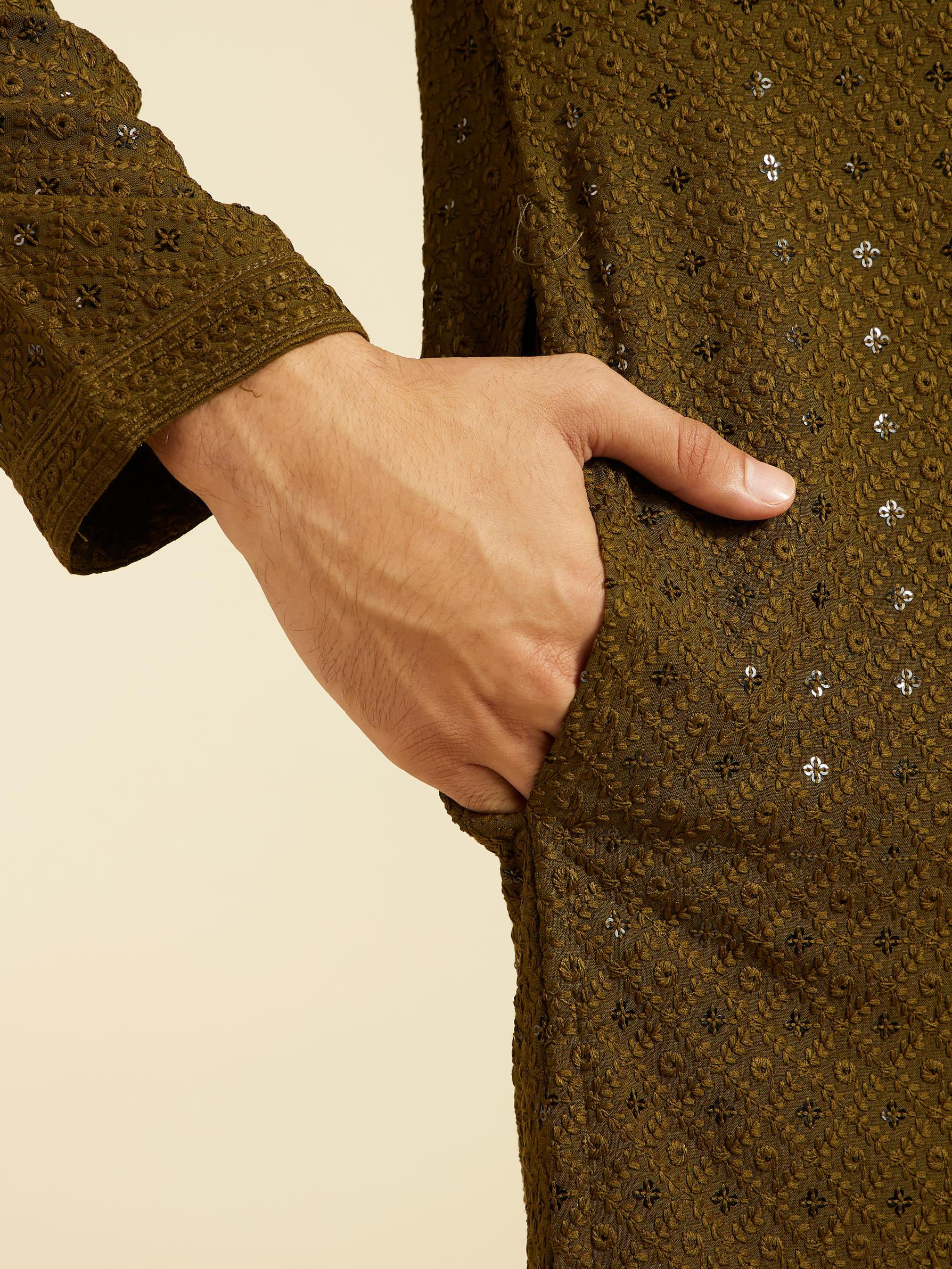 Diwas Men Olive Green Chikankari Kurta with Sequin