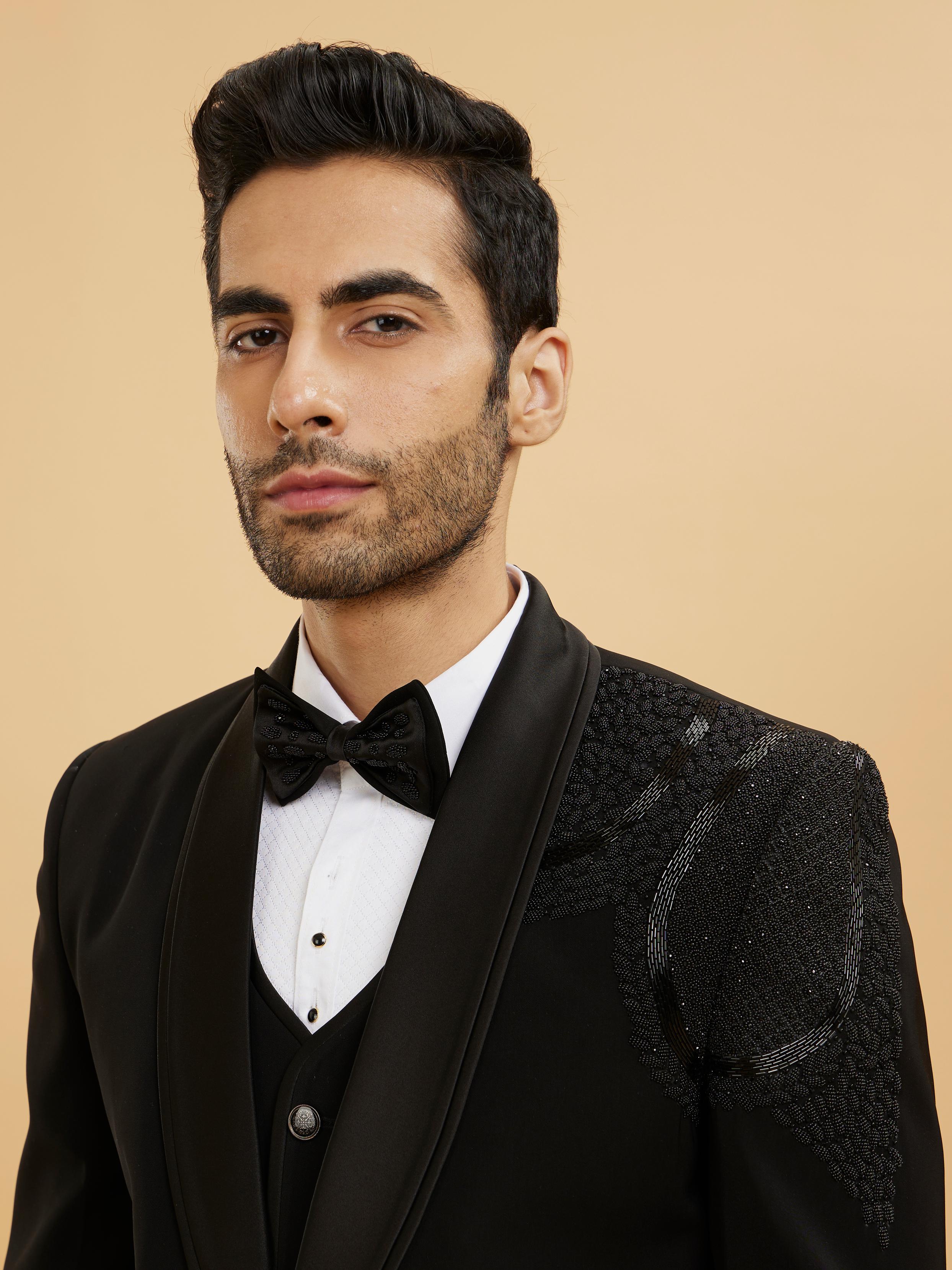 Twamev Men Ebony Black Shawl Collared Tuxedo Suit Set with Rhinestones