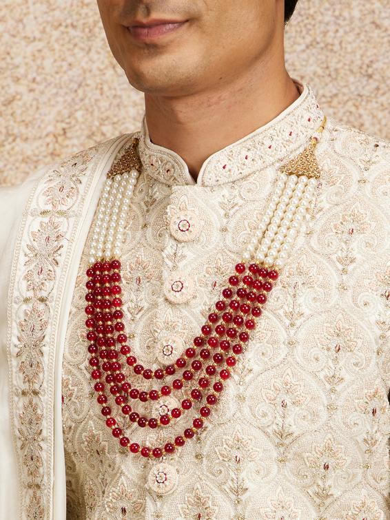 Twamev Men Cream Maroon Floral Trellis Patterned Sherwani Set