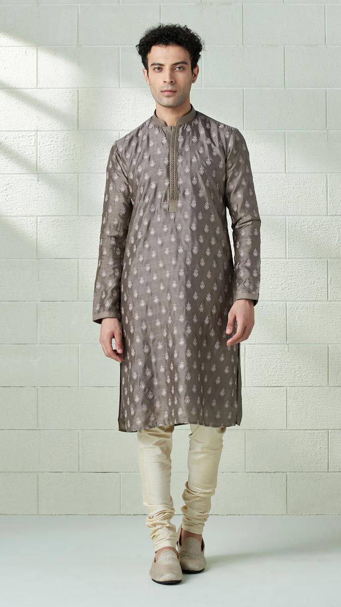 Twamev Men Taupe Grey Motif Kurta Set