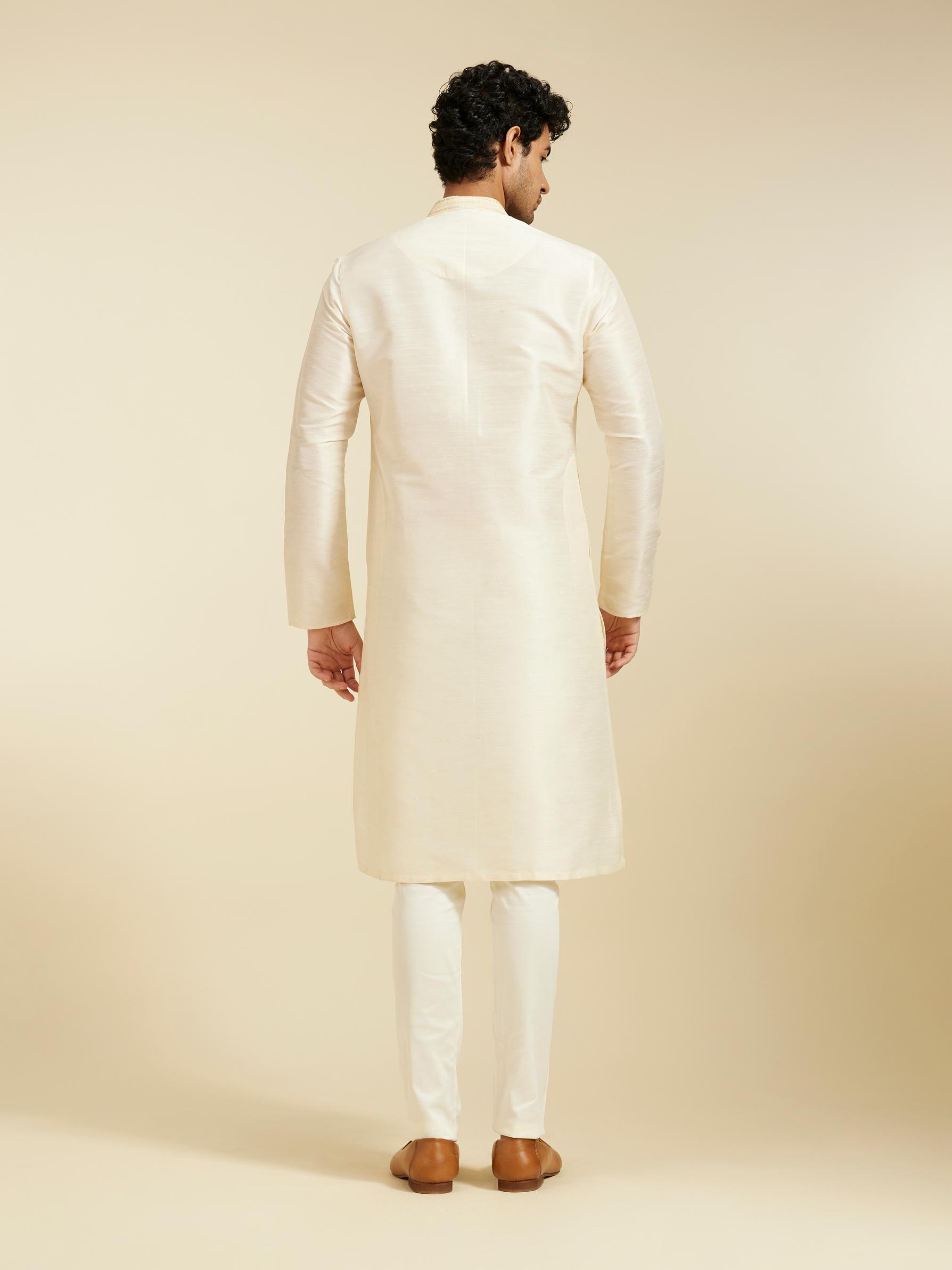 Diwas Men Cream White Buta Patterned Kurta with Sequinned Neckline