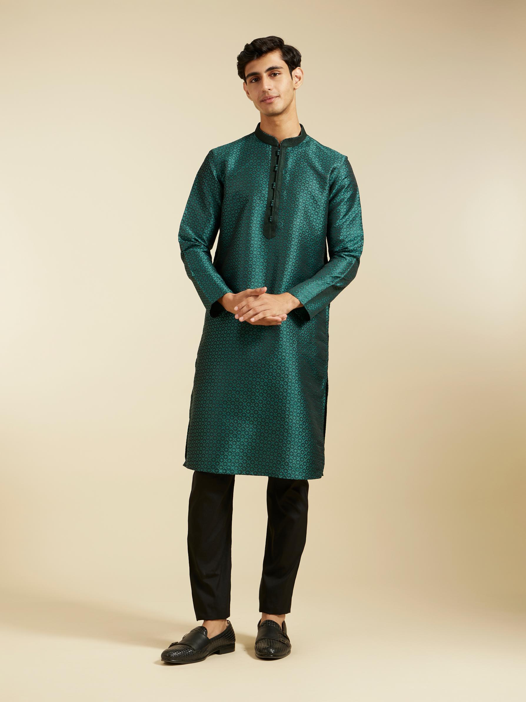 Diwas Men Bottle Green Lattice Patterned Kurta