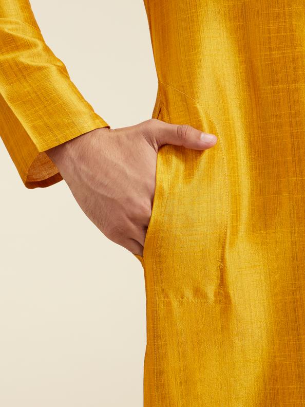 Diwas Men Mustard Yellow Self Textured Kurta with Embroidered Neckline
