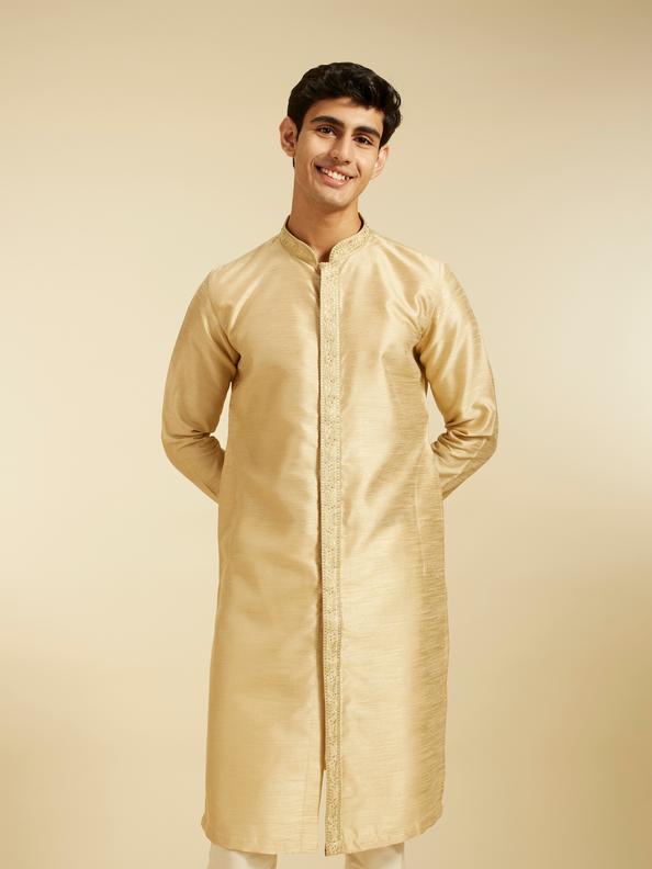 Diwas Men Sand Beige Self Textured Kurta with Embroidered Placket