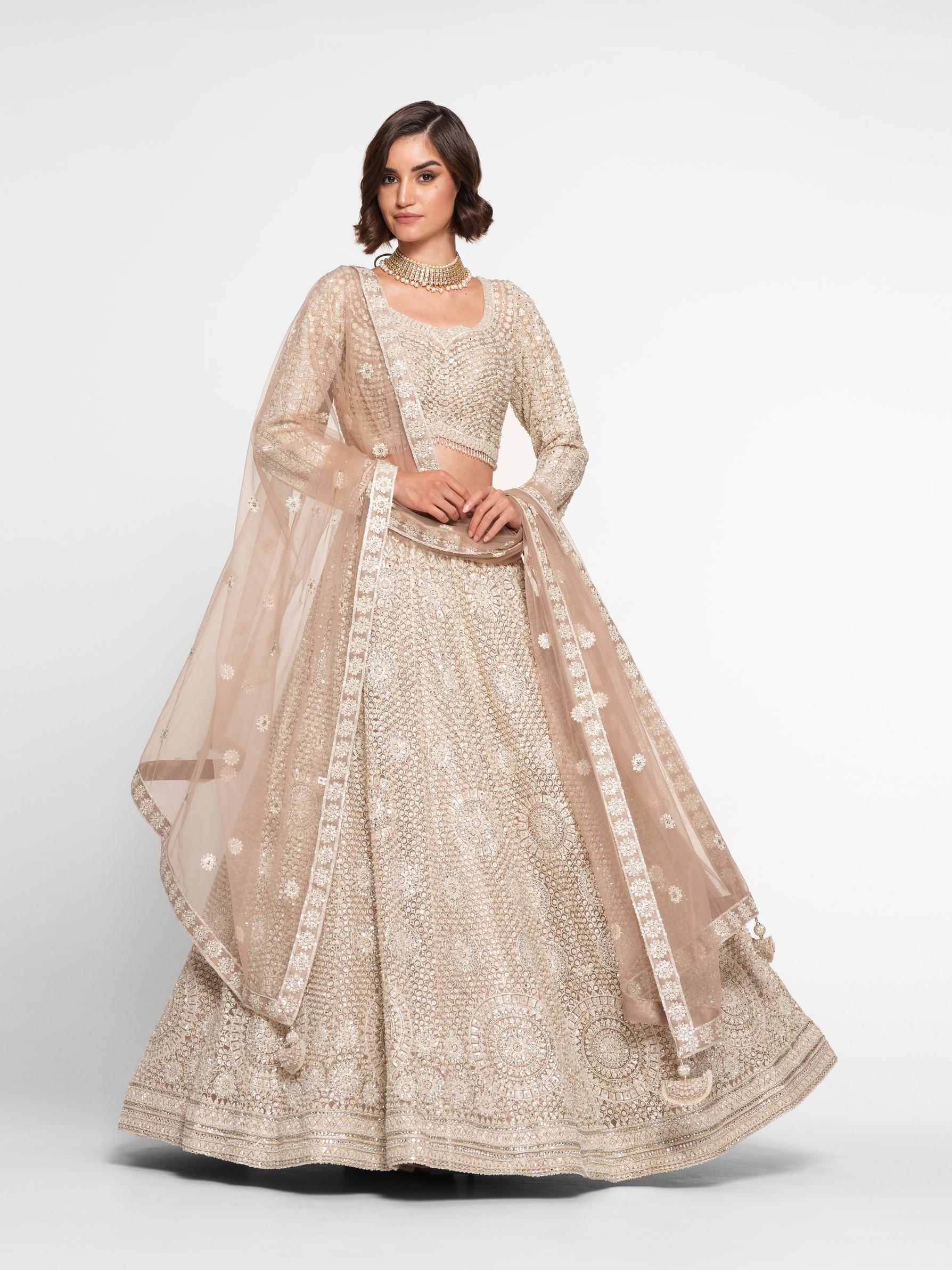 Twamev Women Beige Regalia Net Skirt Top Set