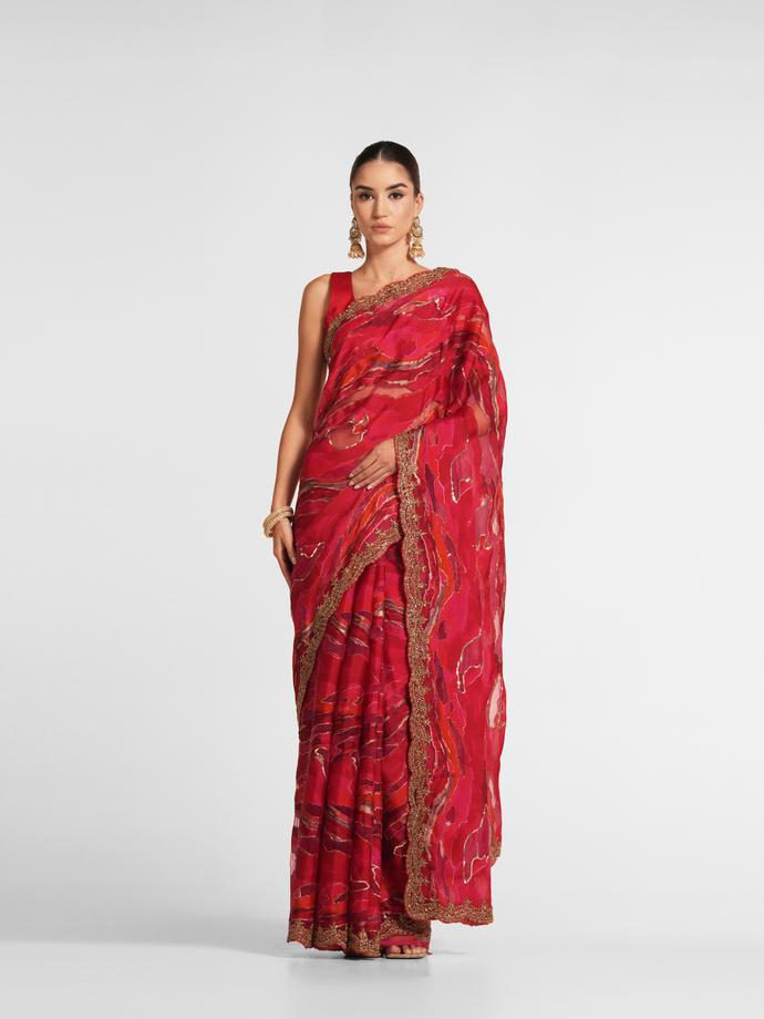 Twamev Women Fiery Red Organza Saree