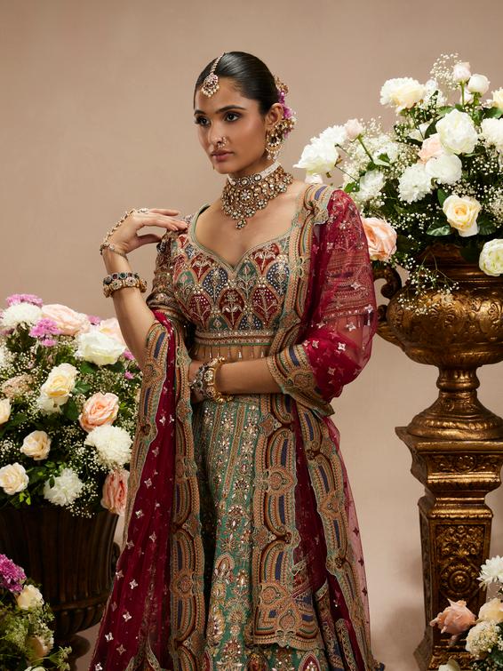 Twamev Women Rama Green And Maroon Jhallar Patterned Lehenga with Buta Motifs, Zari And Gota Patti Work