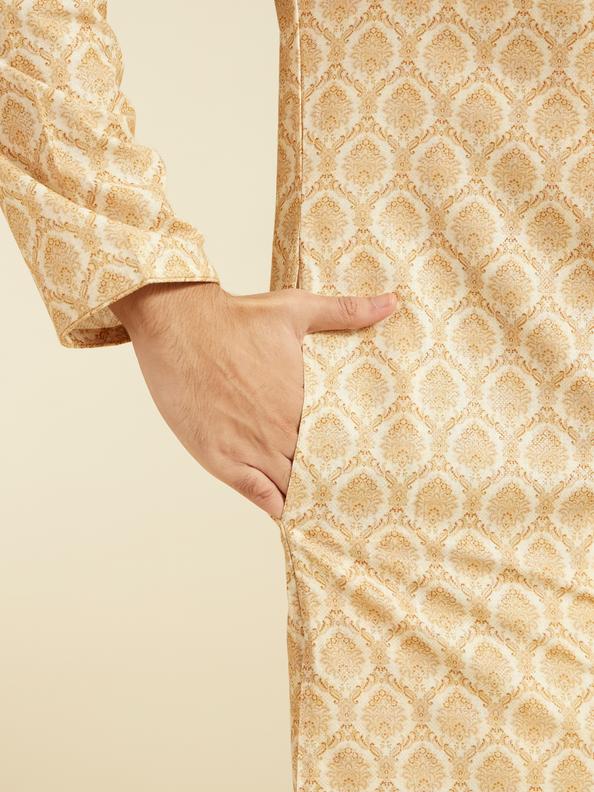 Diwas Men Sand Beige Medallion Printed Kurta with Embroidered Neckline