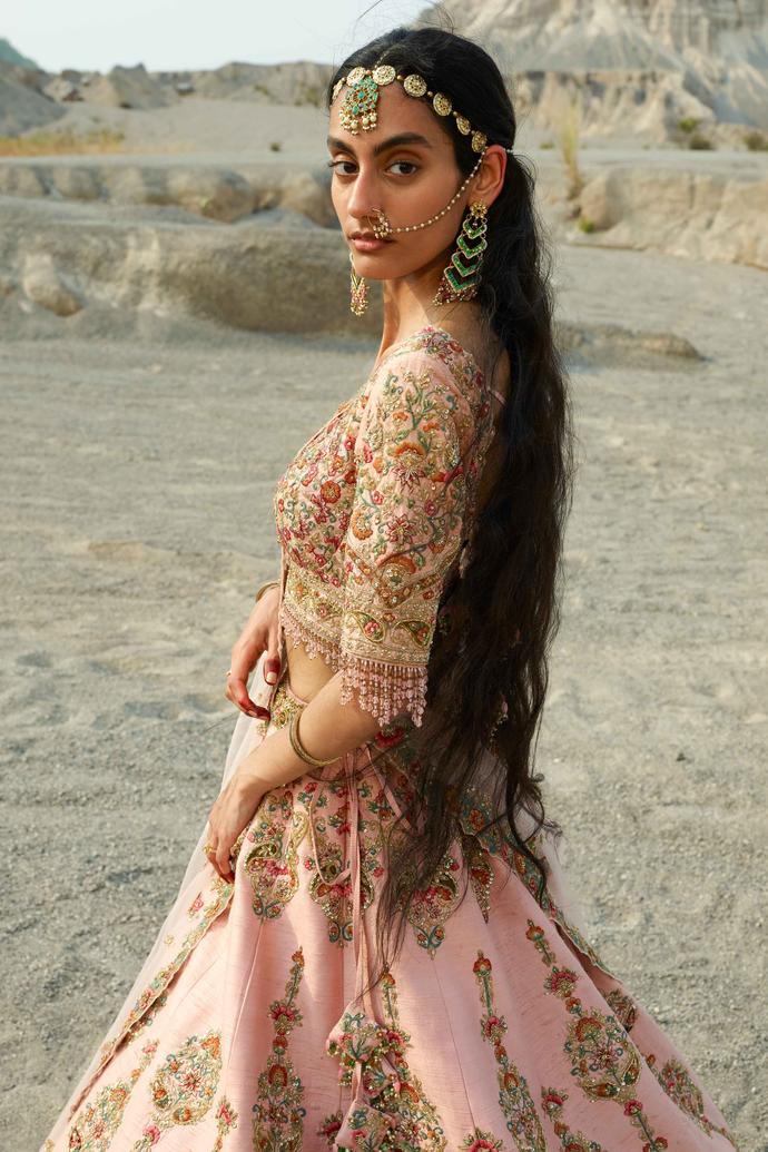 Twamev Women Velied Rose Pink Hand Embroidered Lehenga with Floral Motifs