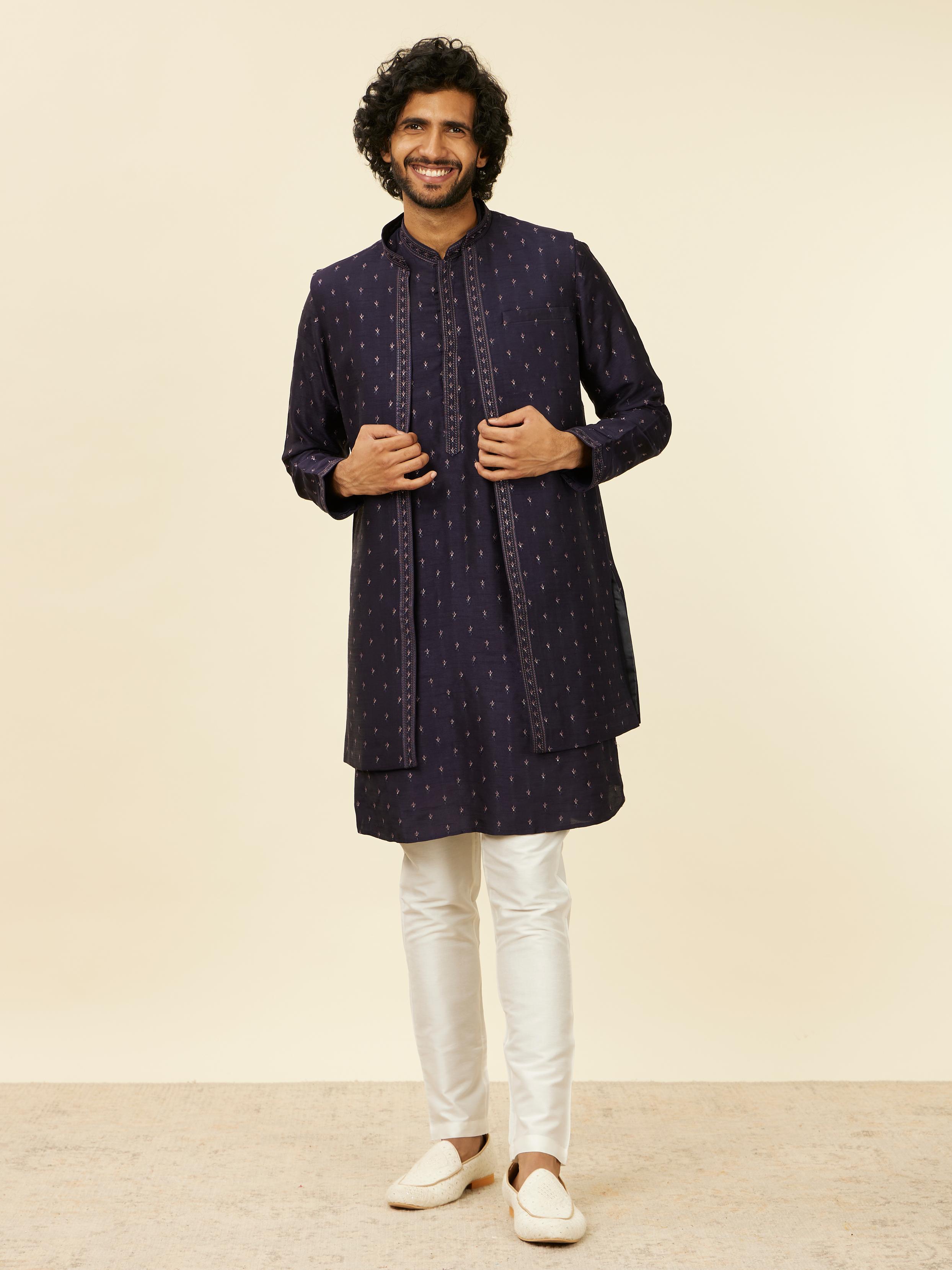 Twamev Men Dark Blue Buta Patterned Kurta Jacket Set