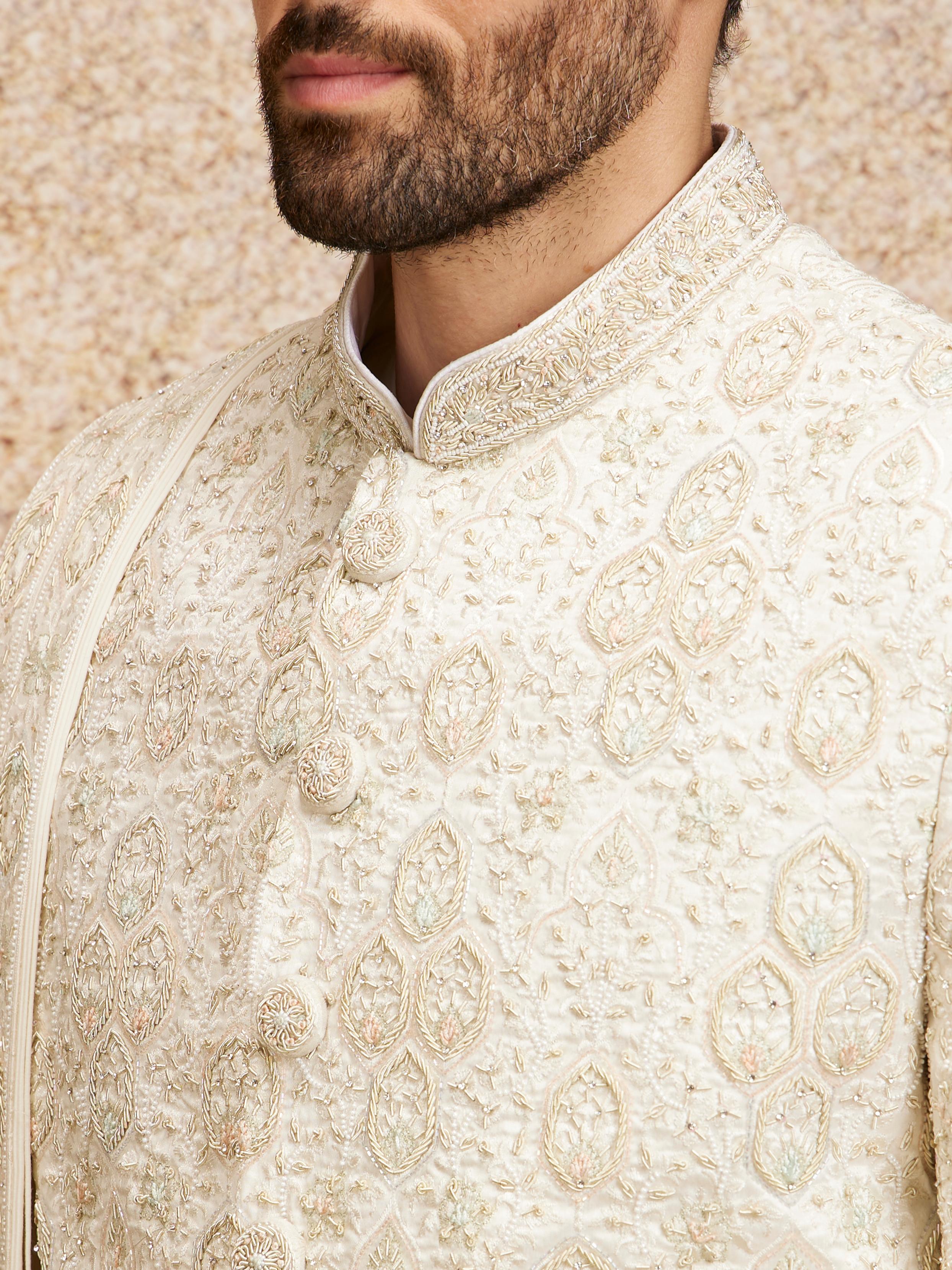Twamev Men Regal Warm White Georgette Sherwani