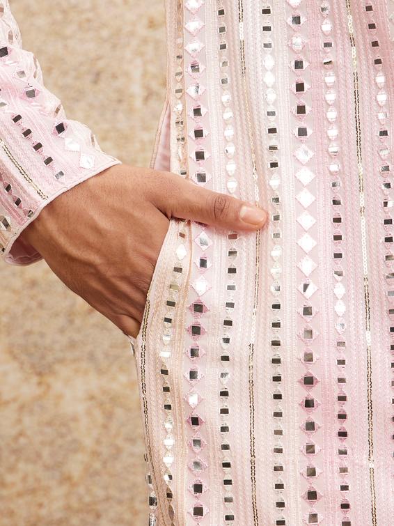 Twamev Men Twinkling Pink Georgette Kurta Pajama