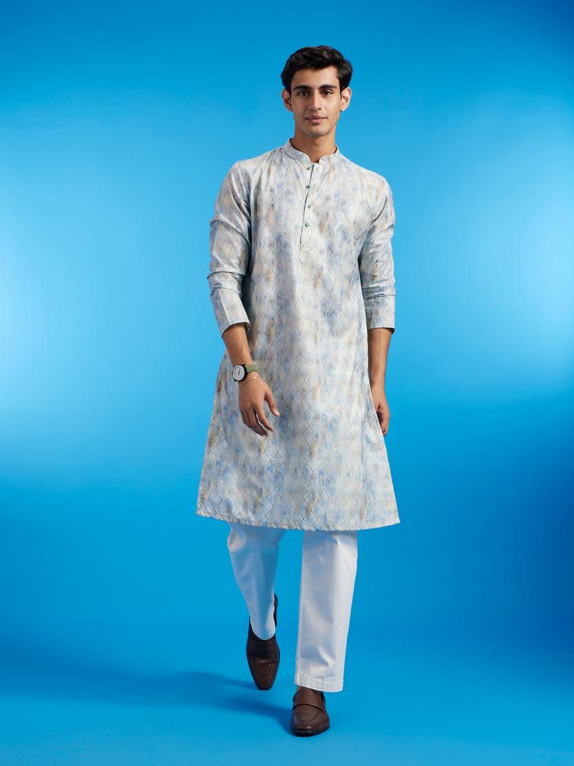 Diwas Men Pista Green Ogee Printed Kurta