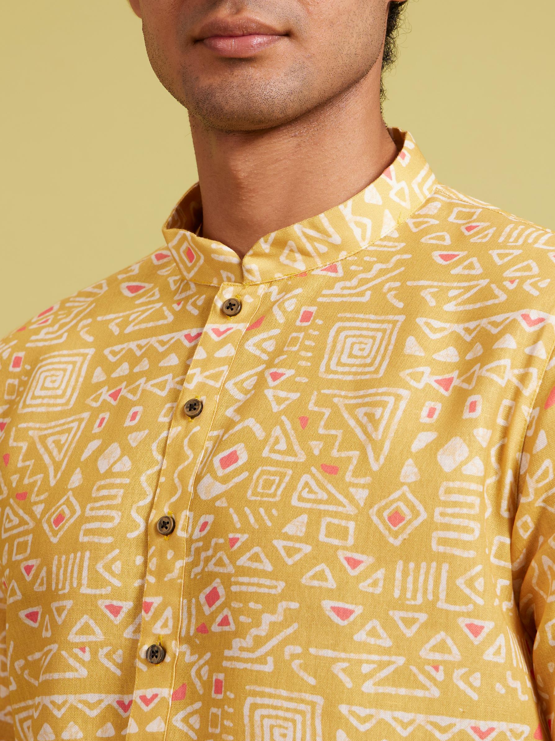 Diwas Men Mustard Yellow Aztec Printed Kurta